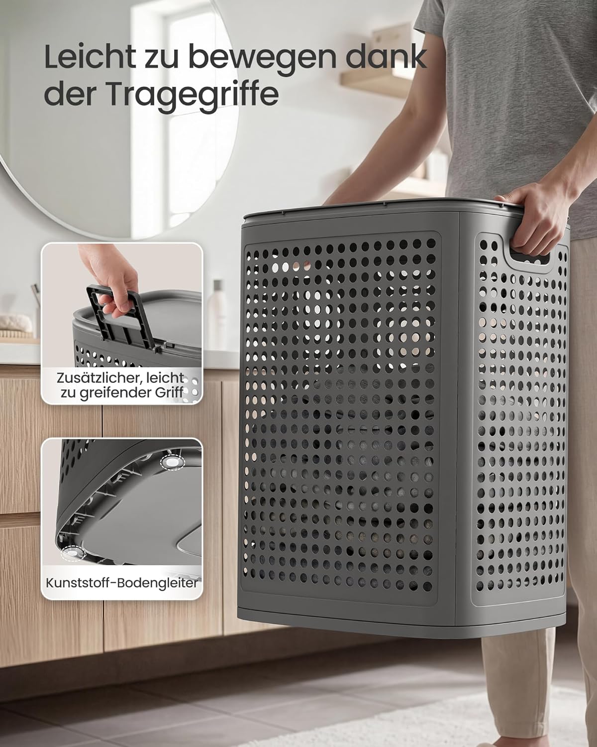 Platzsparender Wäschekorb mit Deckel, 75 L Dunkelgrau