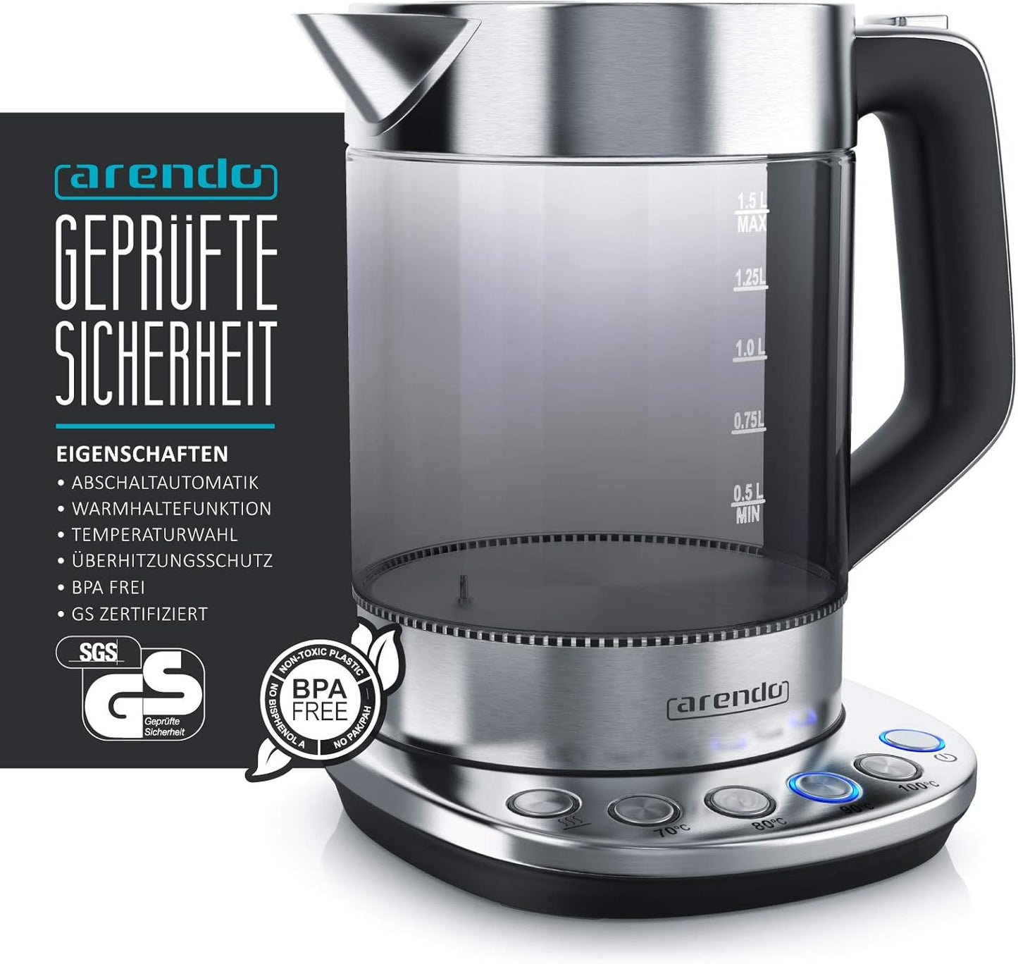 Rauchglas Wasserkocher mit Temperatureinstellung