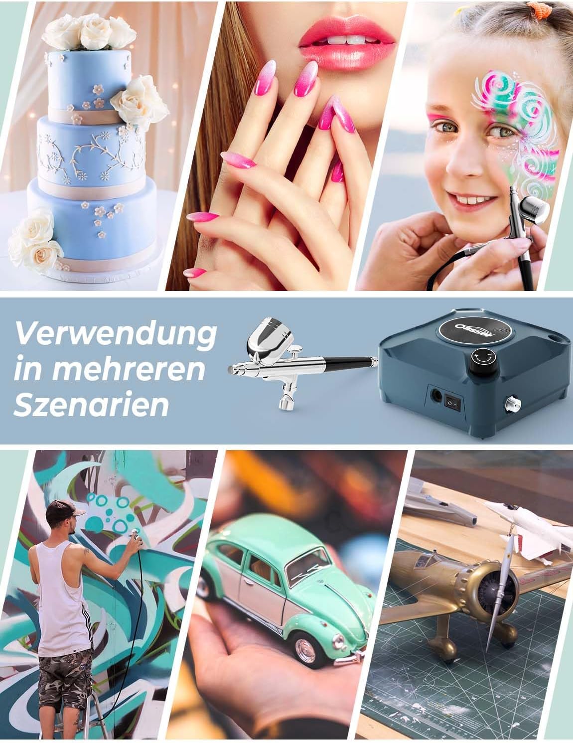 Airbrush Set mit Kompressor, Double Action-Airbrush-Pistole und Zubehör, Blau