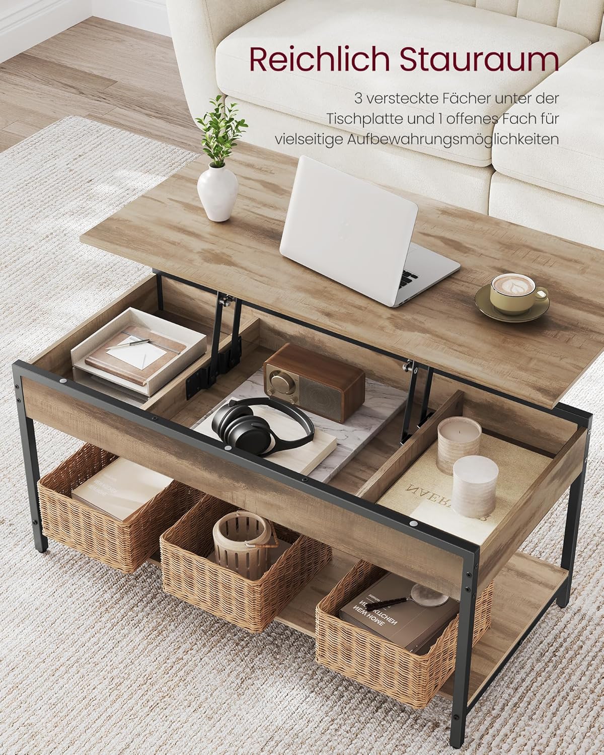Höhenverstellbarer Couchtisch mit Stauraum, Kamelbraun+ Tintenschwarz