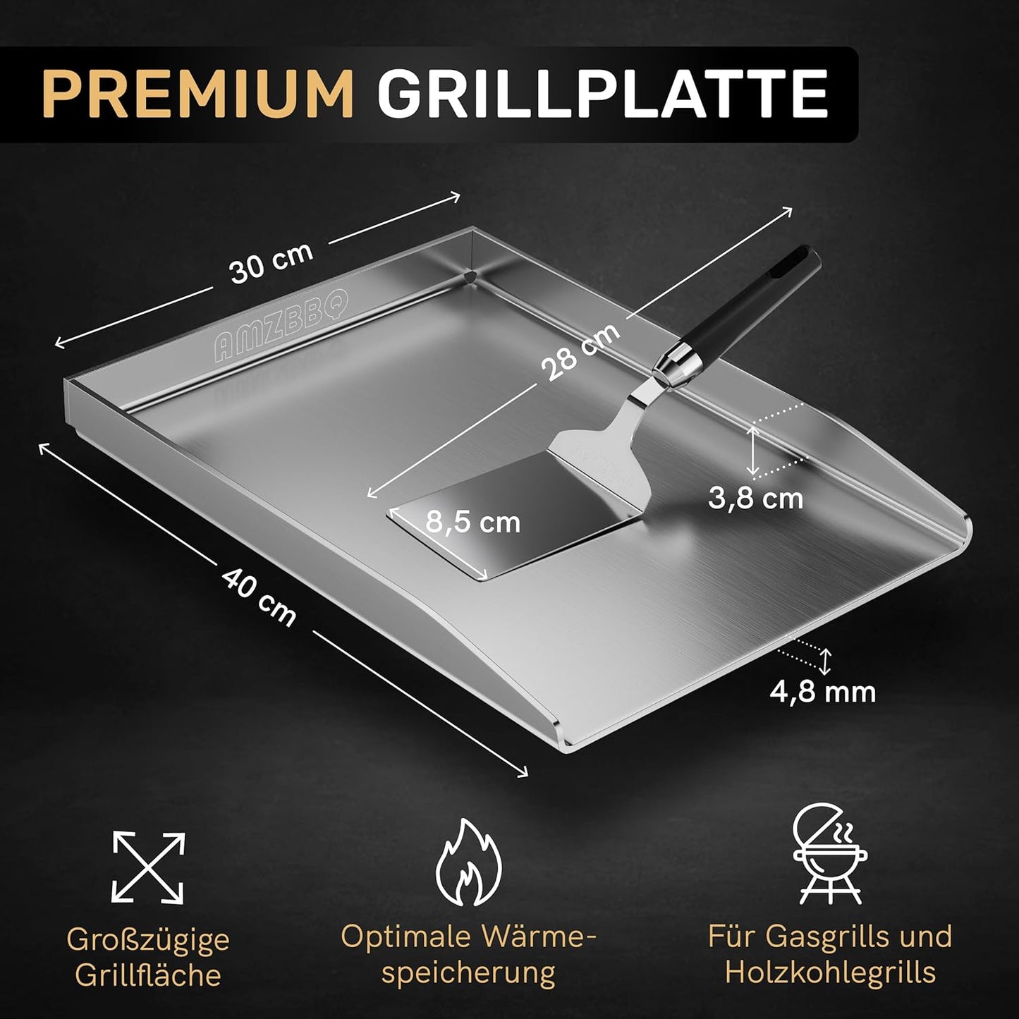 Plancha-Set mit Grillplatte und Grillspachtel, 40 x 30 cm - Universalgrösse Edelstahl