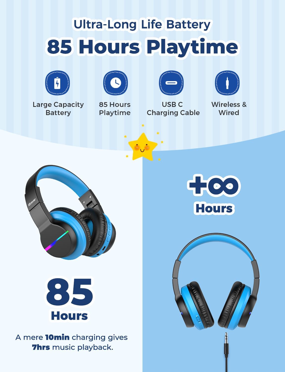 Bluetooth-Kinderkopfhörer mit LED, Schwarz