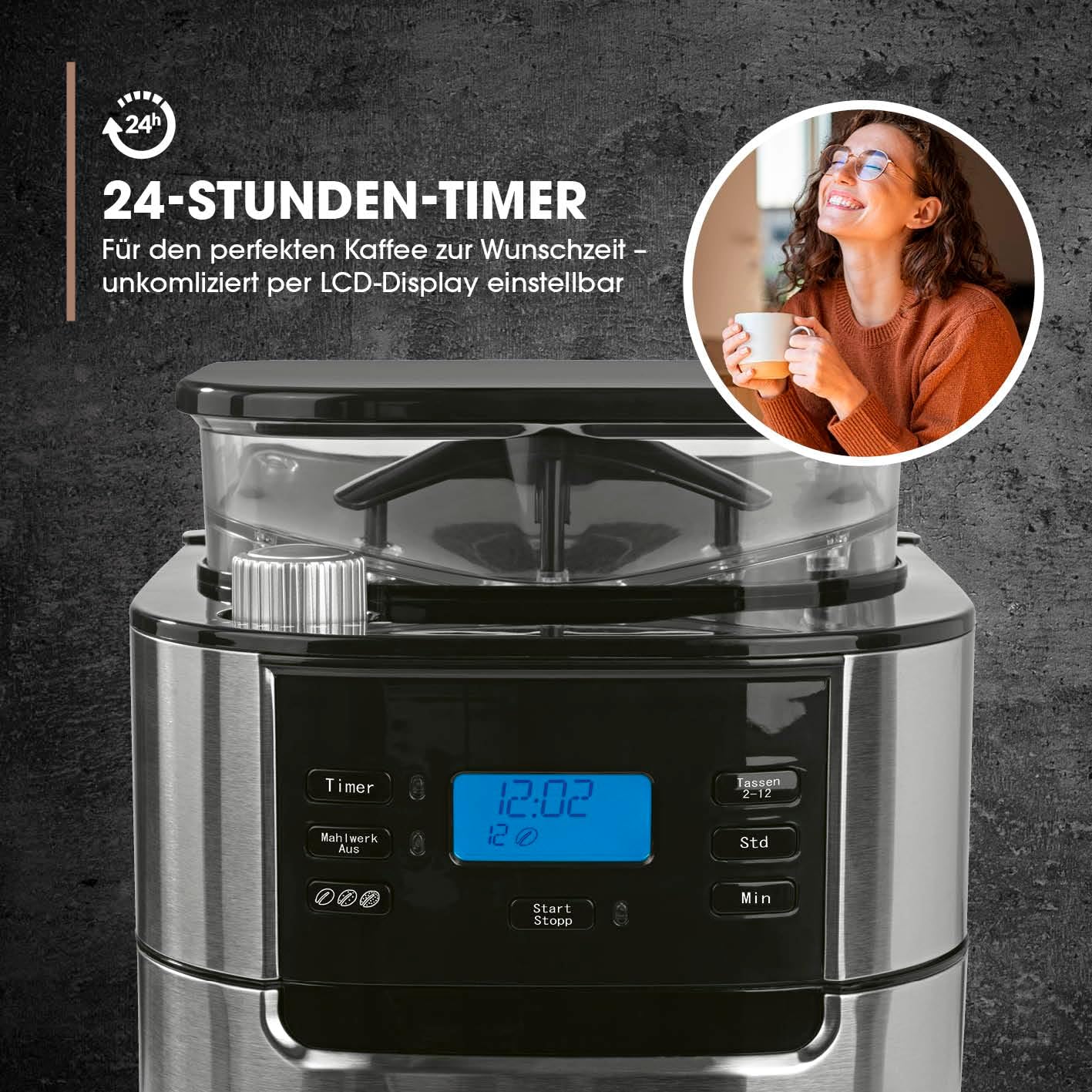 Filterkaffeemaschine für 10 Tassen, 6) Edelstahl - Glaskanne - mit Mahlwerk