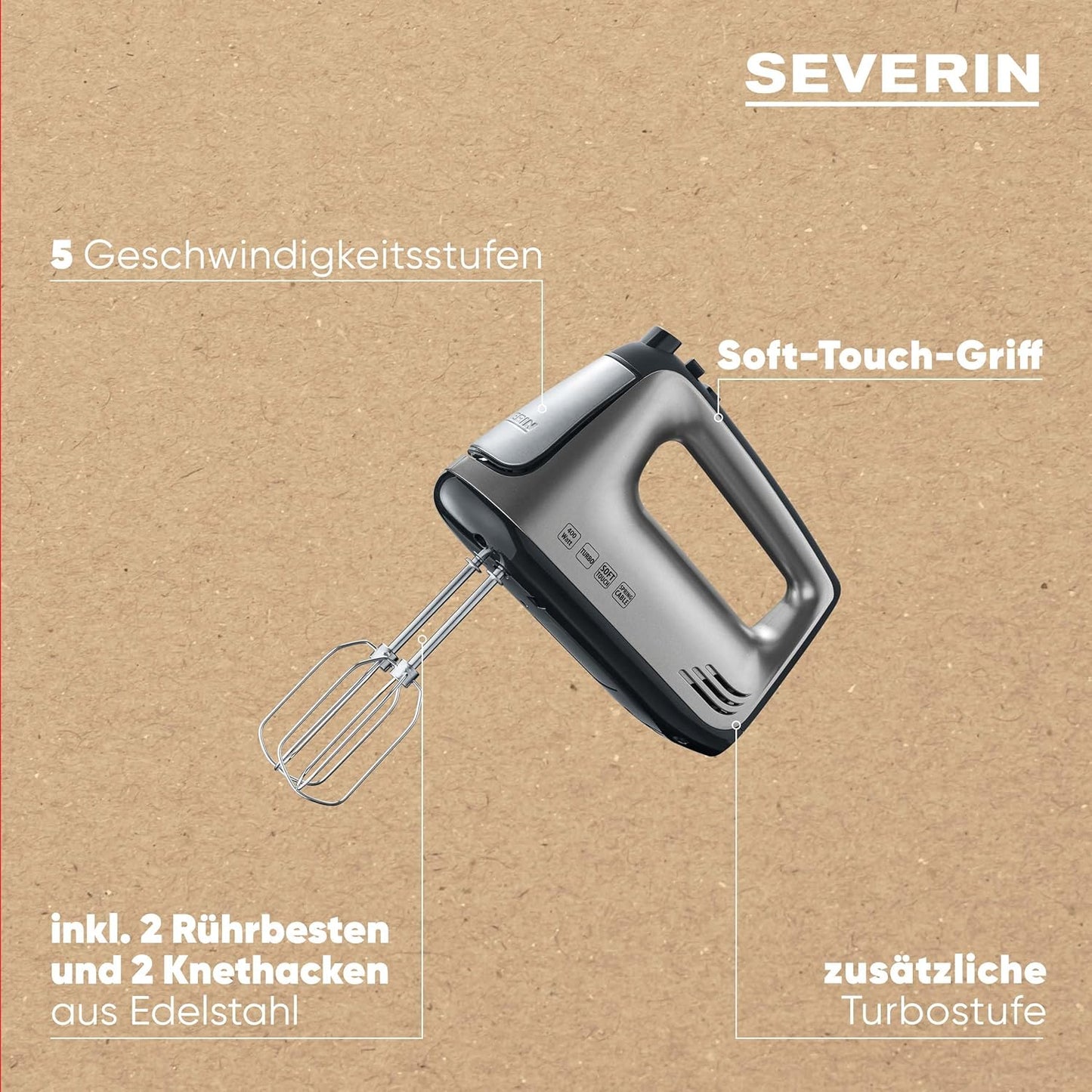 Handmixer HM 3832 mit 5 Geschwindigkeitsstufen, Rostfreier Edelstahl ; Single