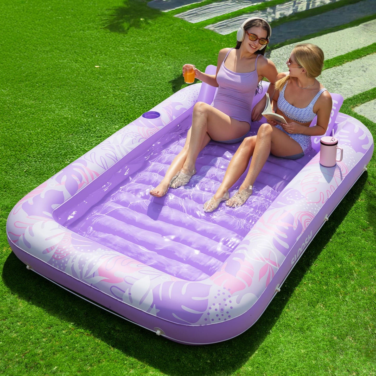 Aufblasbarer 4-in-1 Sonnenliegepool mit Kissen und Getränkehalter, Lila Tropen XL