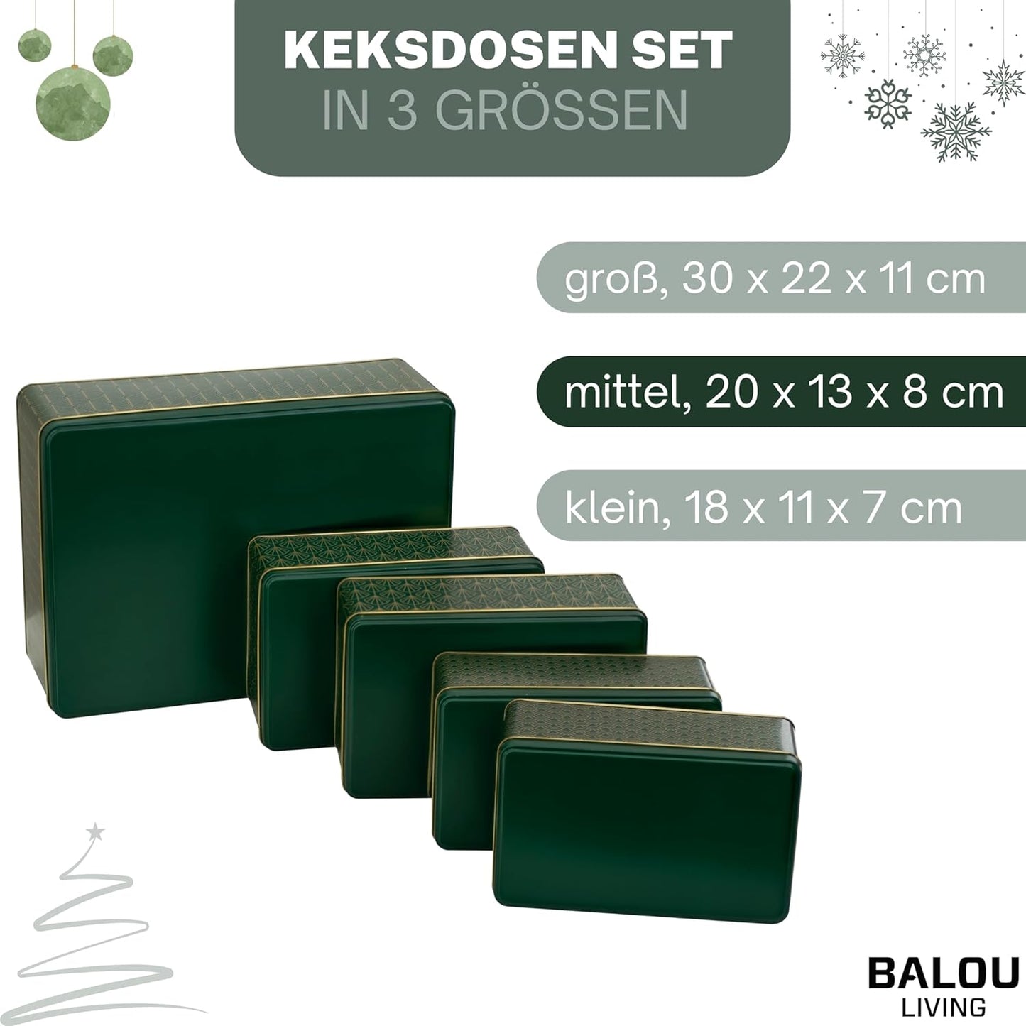 5er-Set Weihnachtskeksdosen, Pattern, Grün