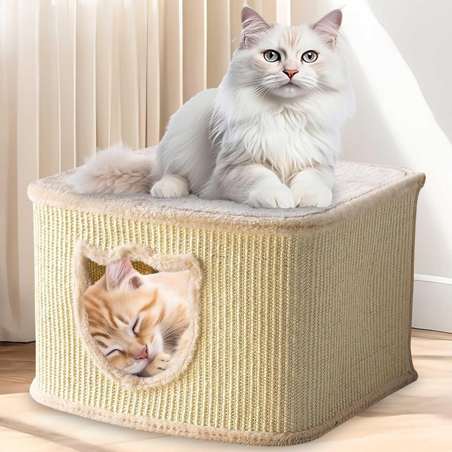Katzenhaus mit Sisalwänden und Plüsch, Beige