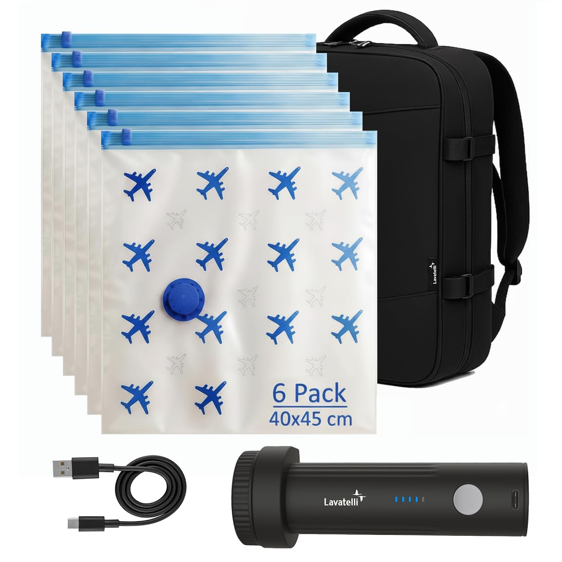 Reise-Vakuumset mit kabelloser Pumpe & 6 Beuteln, Pumpe + 6 Beutel 40×45 cm