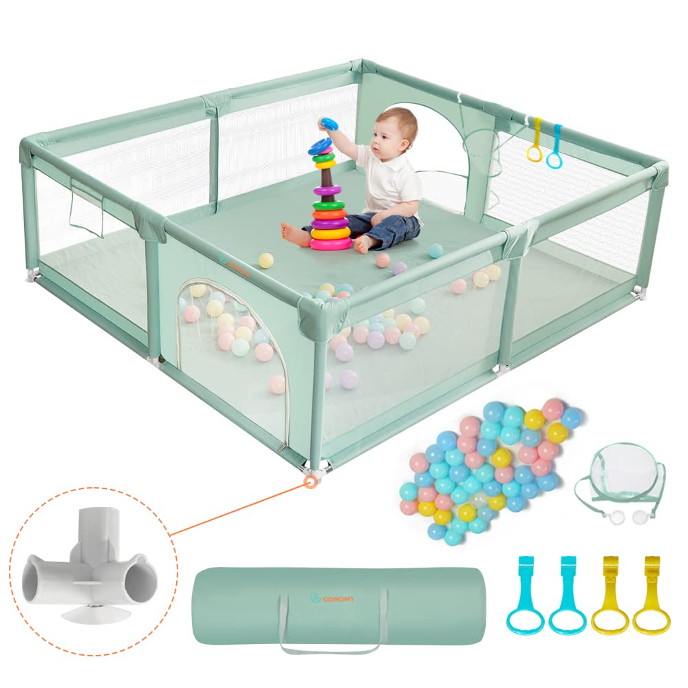 Laufstall Baby XXL mit Schutzgitter und Spielzubehör, Dunkelgrün 180x200x66cm