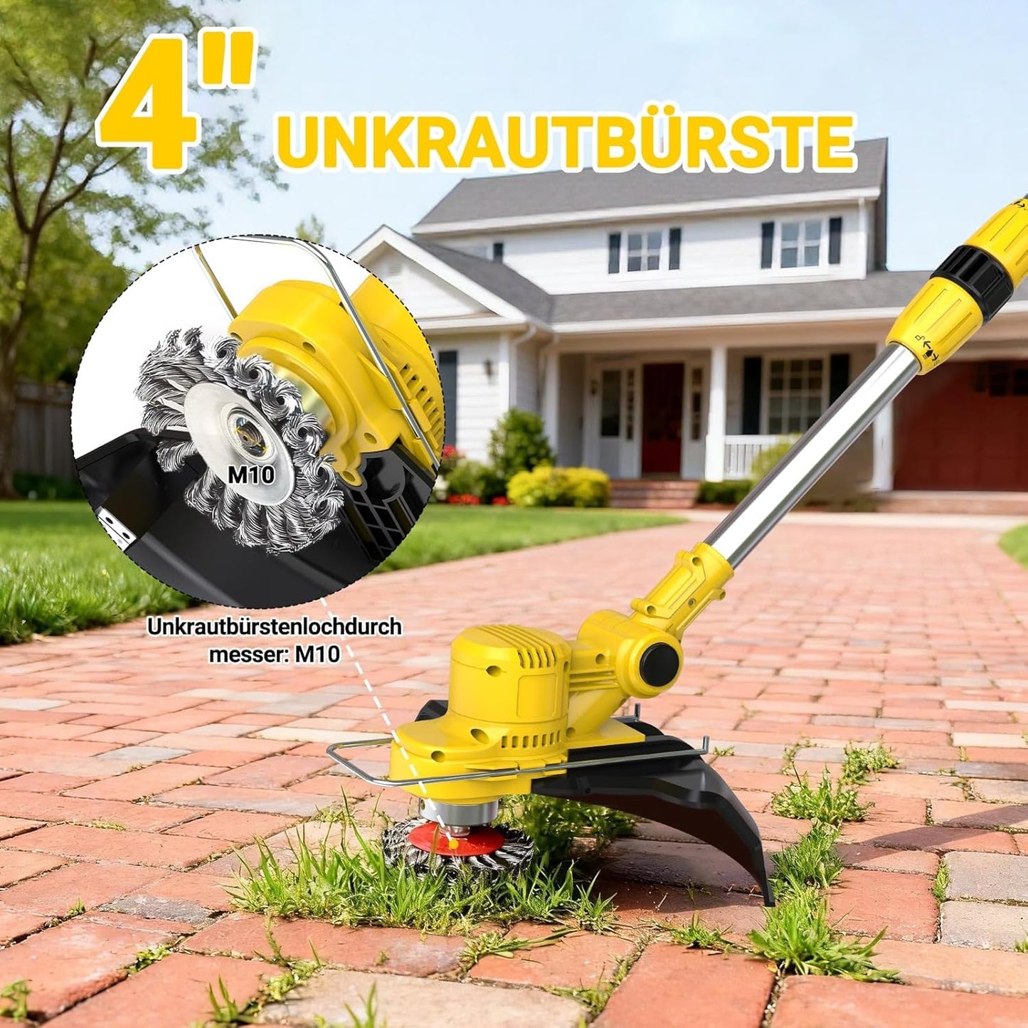 Akku Rasentrimmer mit Unkrautbürste und Freischneider, Gelb