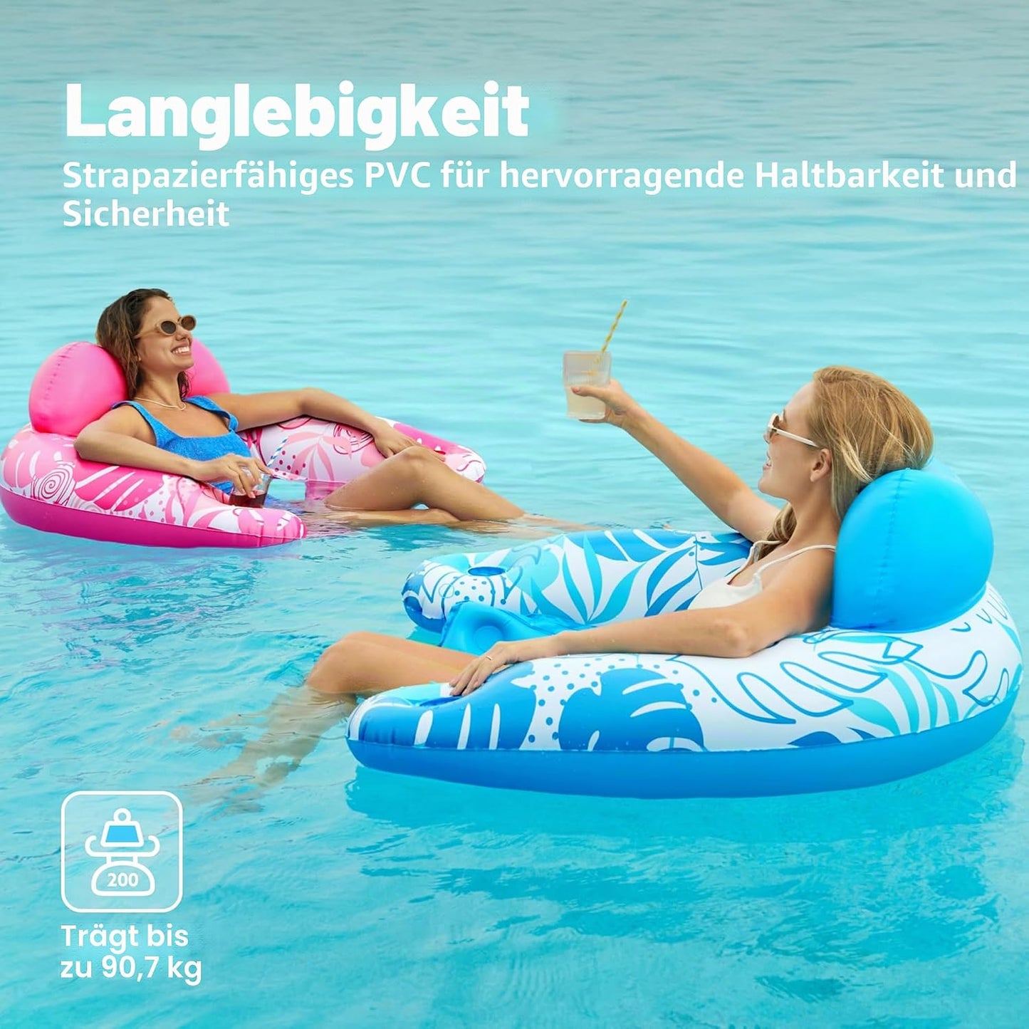 Aufblasbare Pool-Flösse mit Getränkehaltern, 2er-Set, Blau, Rosa