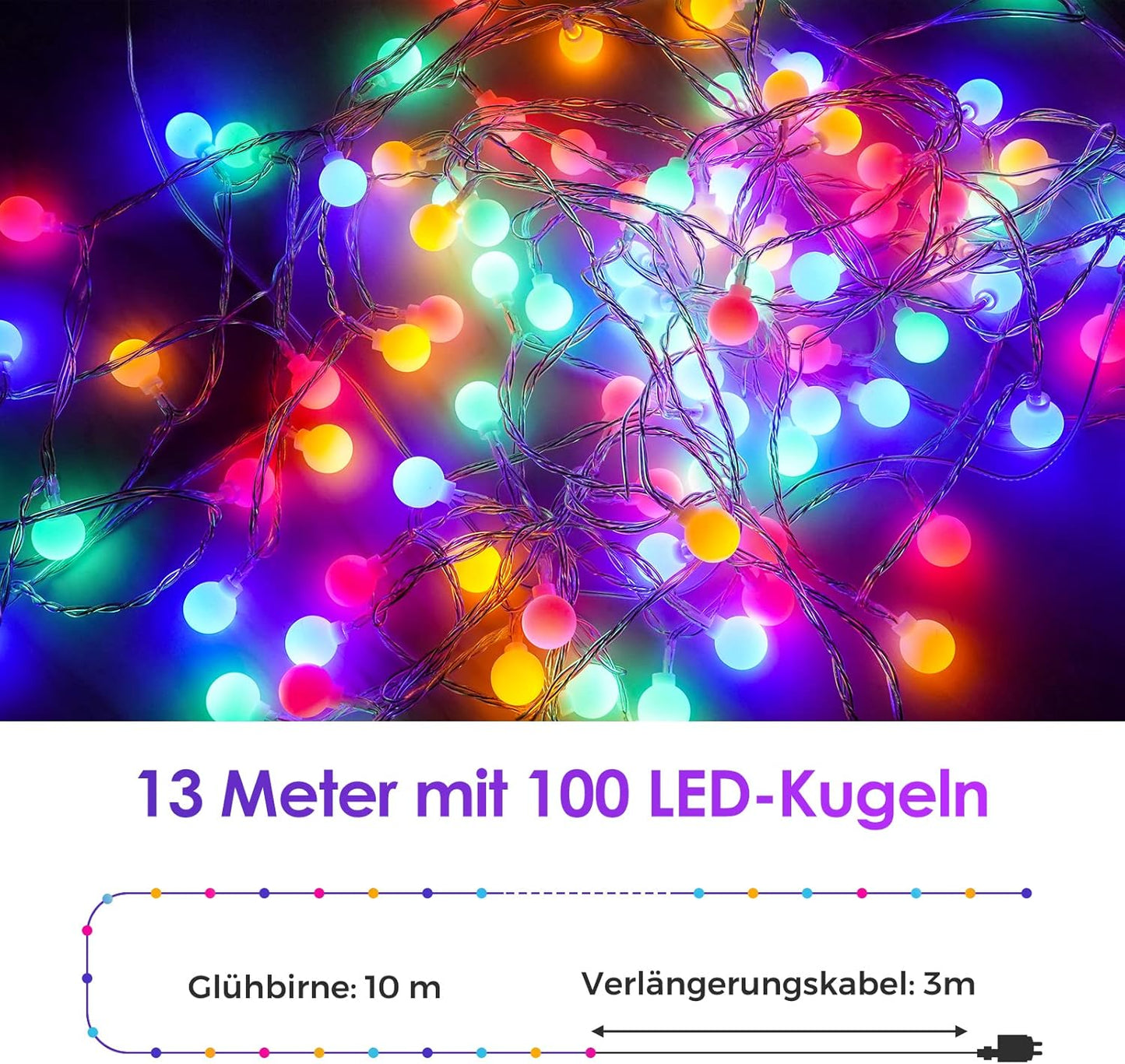 LED-Lichterkette mit Fernbedienung (100 LEDs, 13m), Bunt 13M