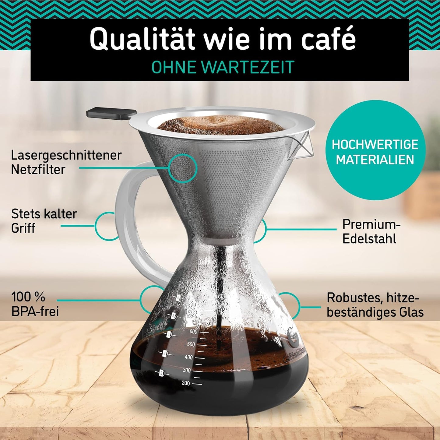 Pour Over Kaffeebrüher mit Edelstahlfilter, Transparent 800ml