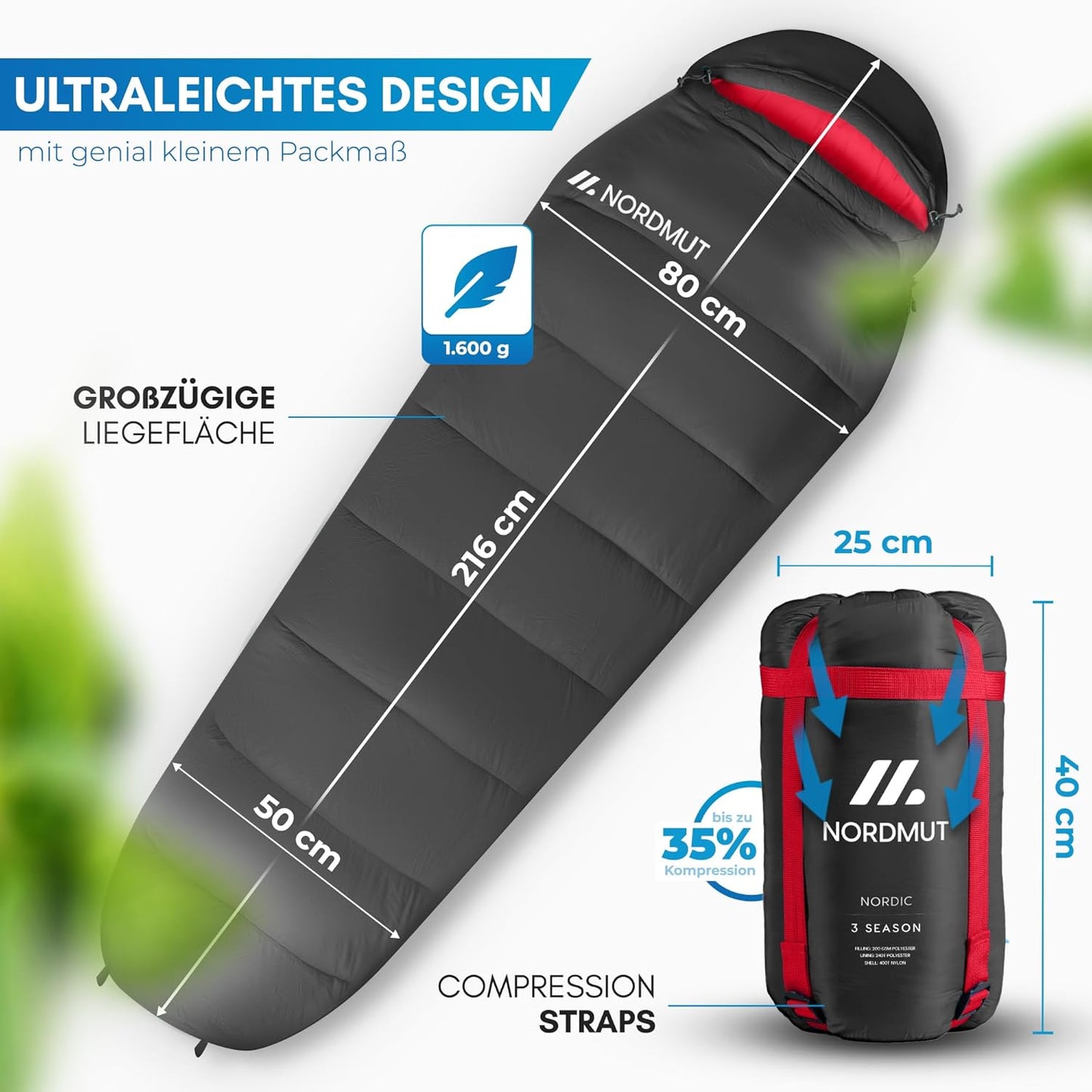Ultraleichter Mumienschlafsack für Erwachsene, Grau 3-Jahreszeiten Schlafsack