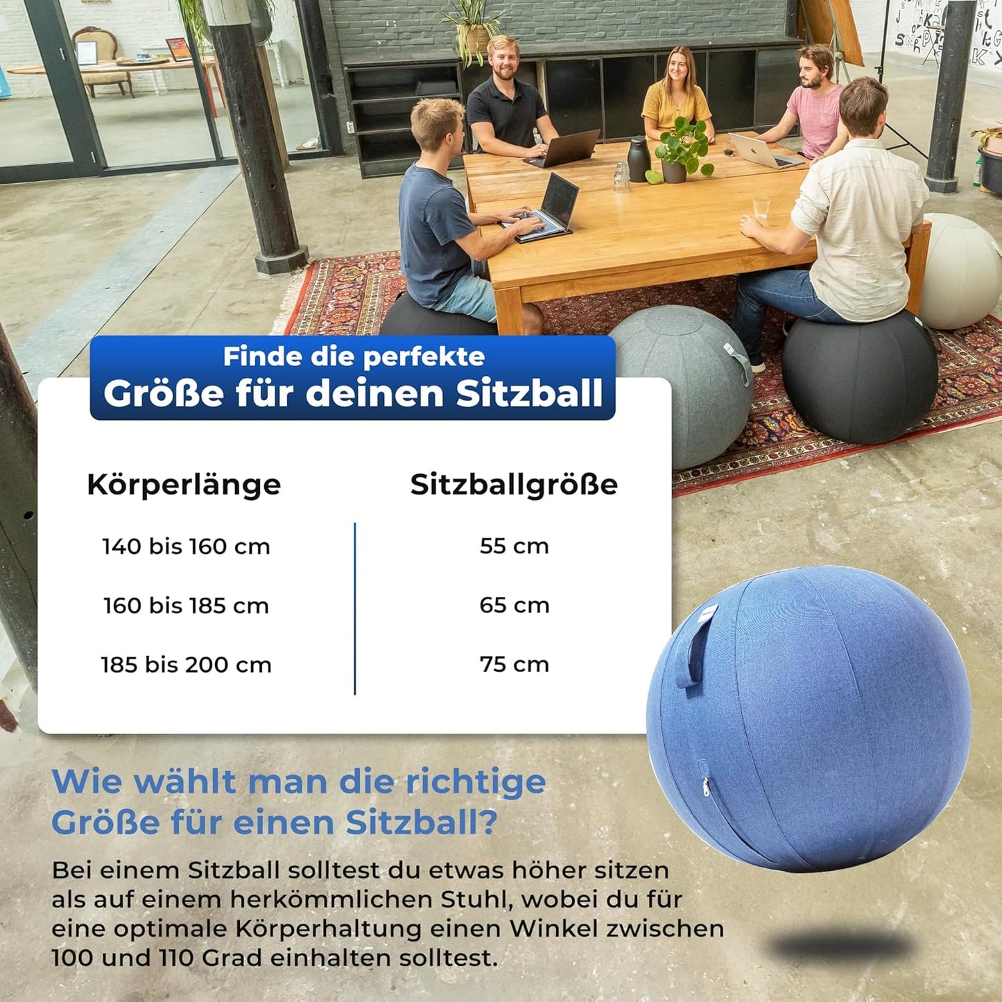 Ergonomischer Sitzball für Büro und Zuhause (65 cm), 65 cm Light Blue