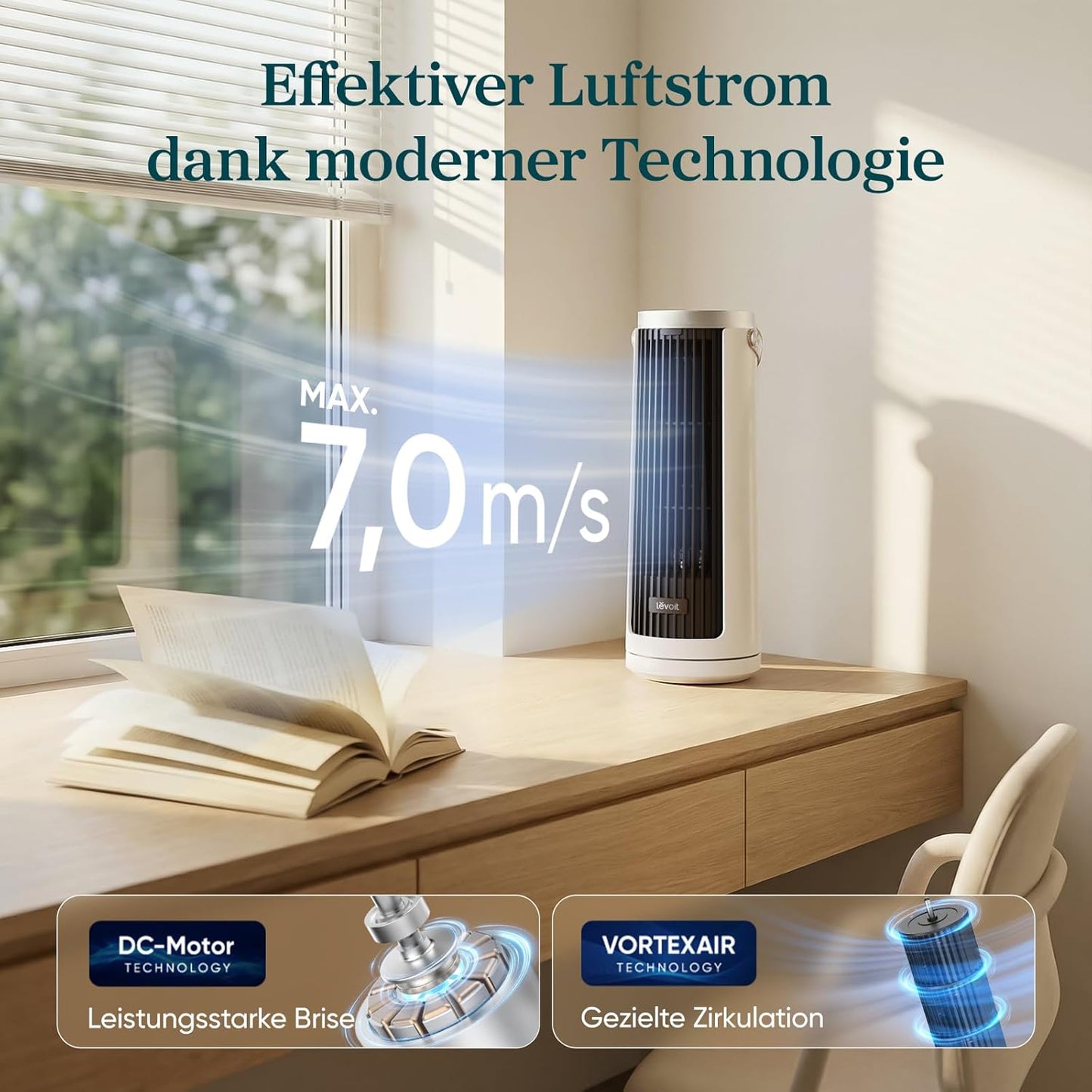 Turmventilator mit Timer, Mondweiss Höhe 33 cm