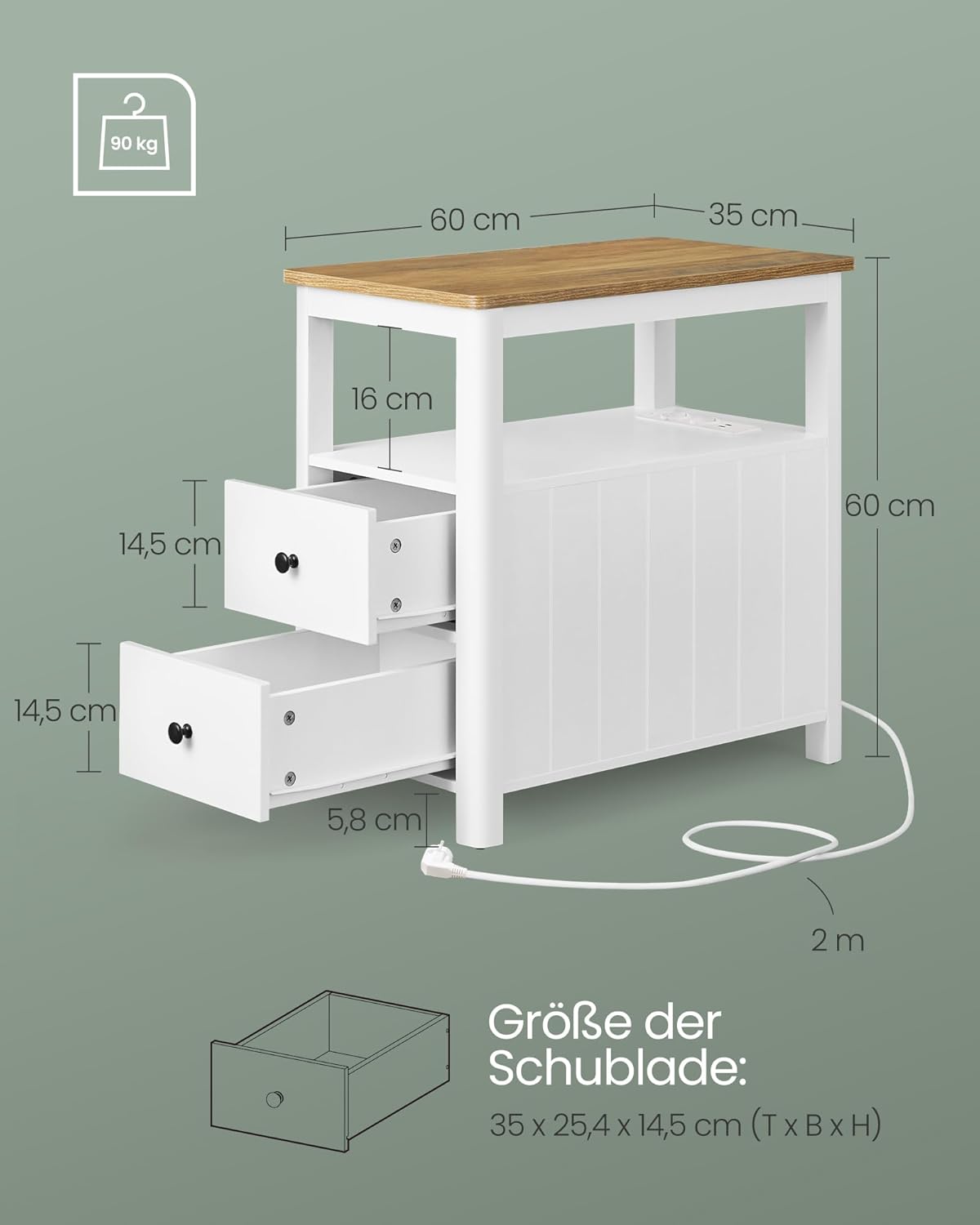 2er Beistelltisch-Set mit Steckdosenleiste, schmal, Modell LCT649W01, 2