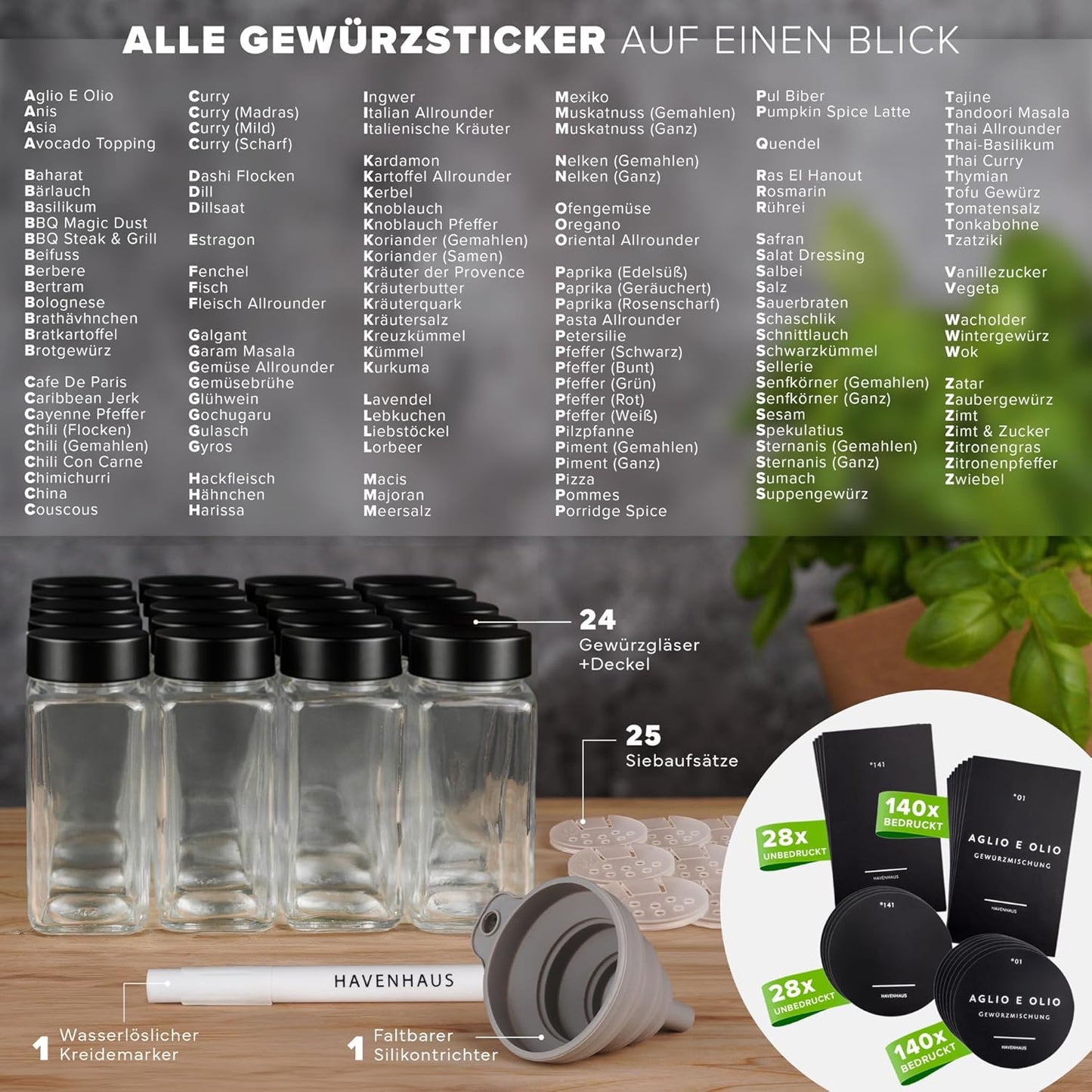 24-teiliges Gewürzgläser-Set mit Etiketten, Edelstahl Schwarz