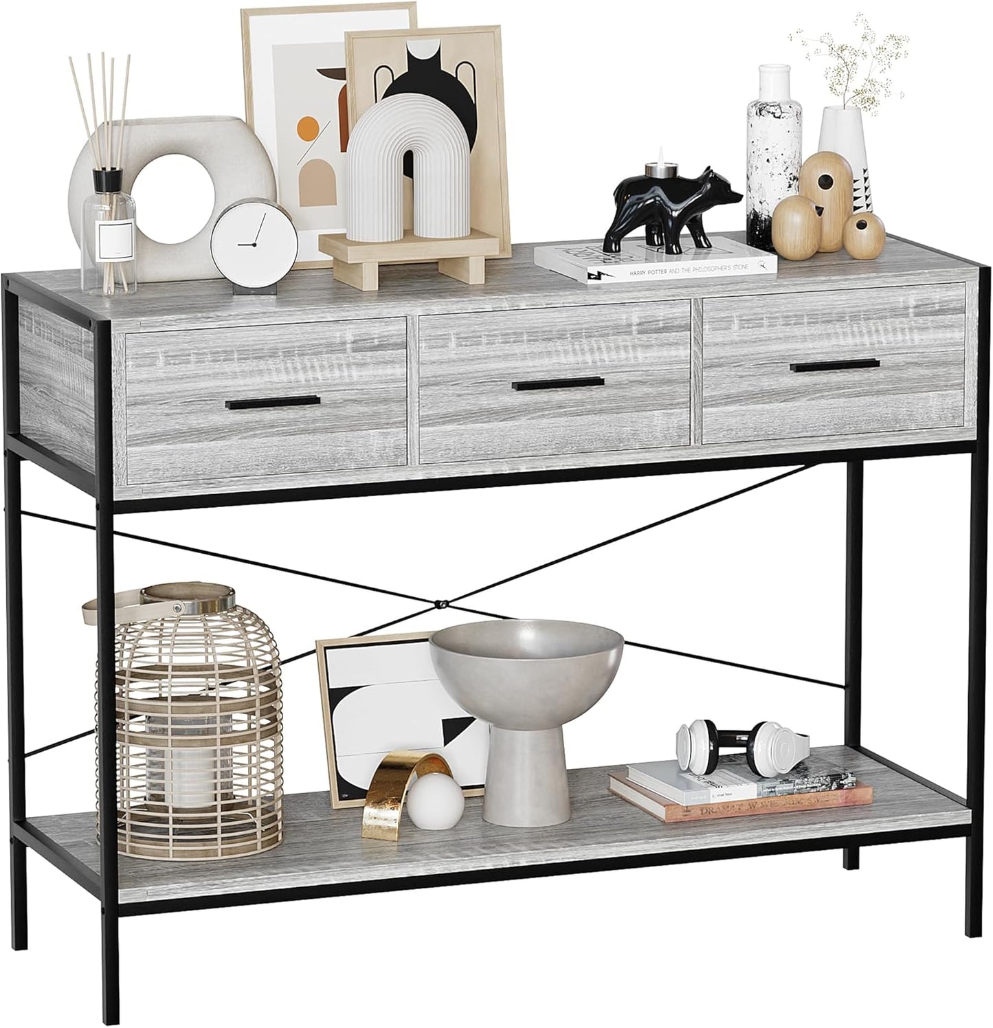 Brooklyn Konsolentisch mit 3 Schubladen, Grau, 3 Drawer