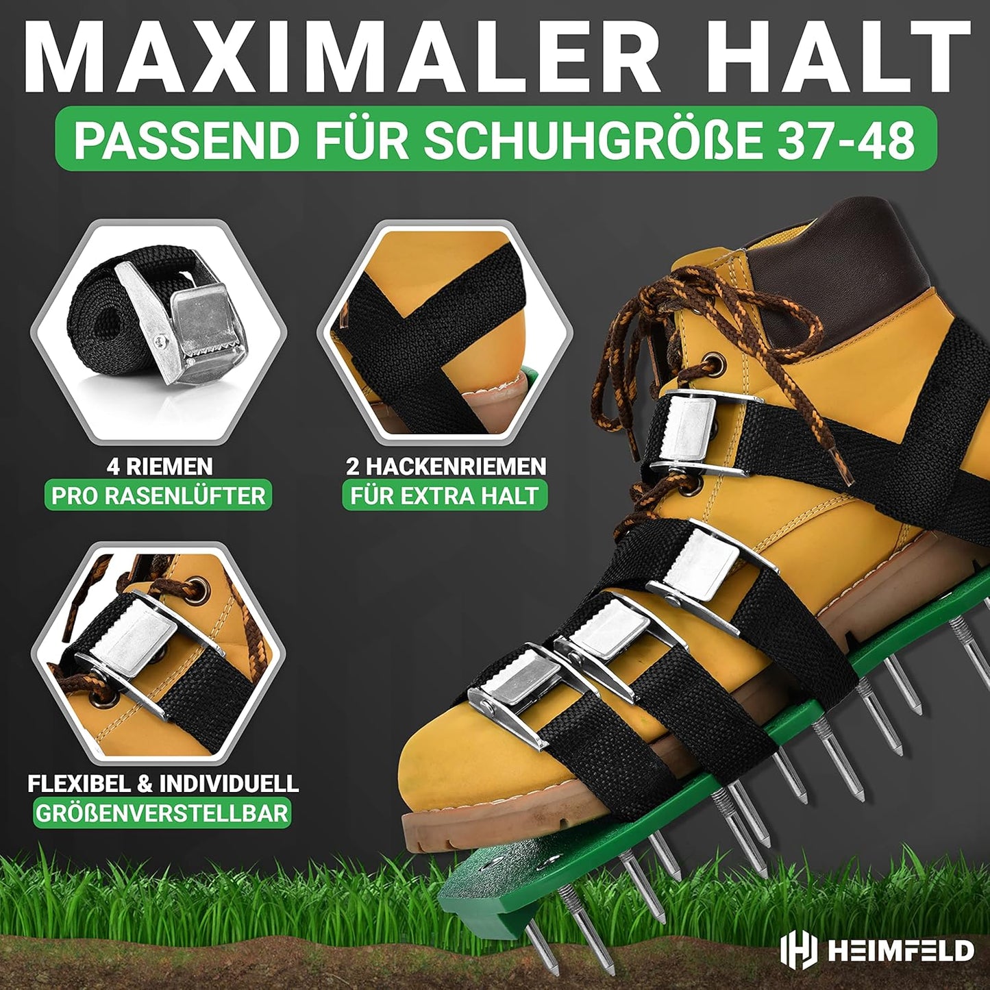 Rasenlüfter-Nagelschuhe mit Riemen (Schuhgrösse 37 bis 48), Grün