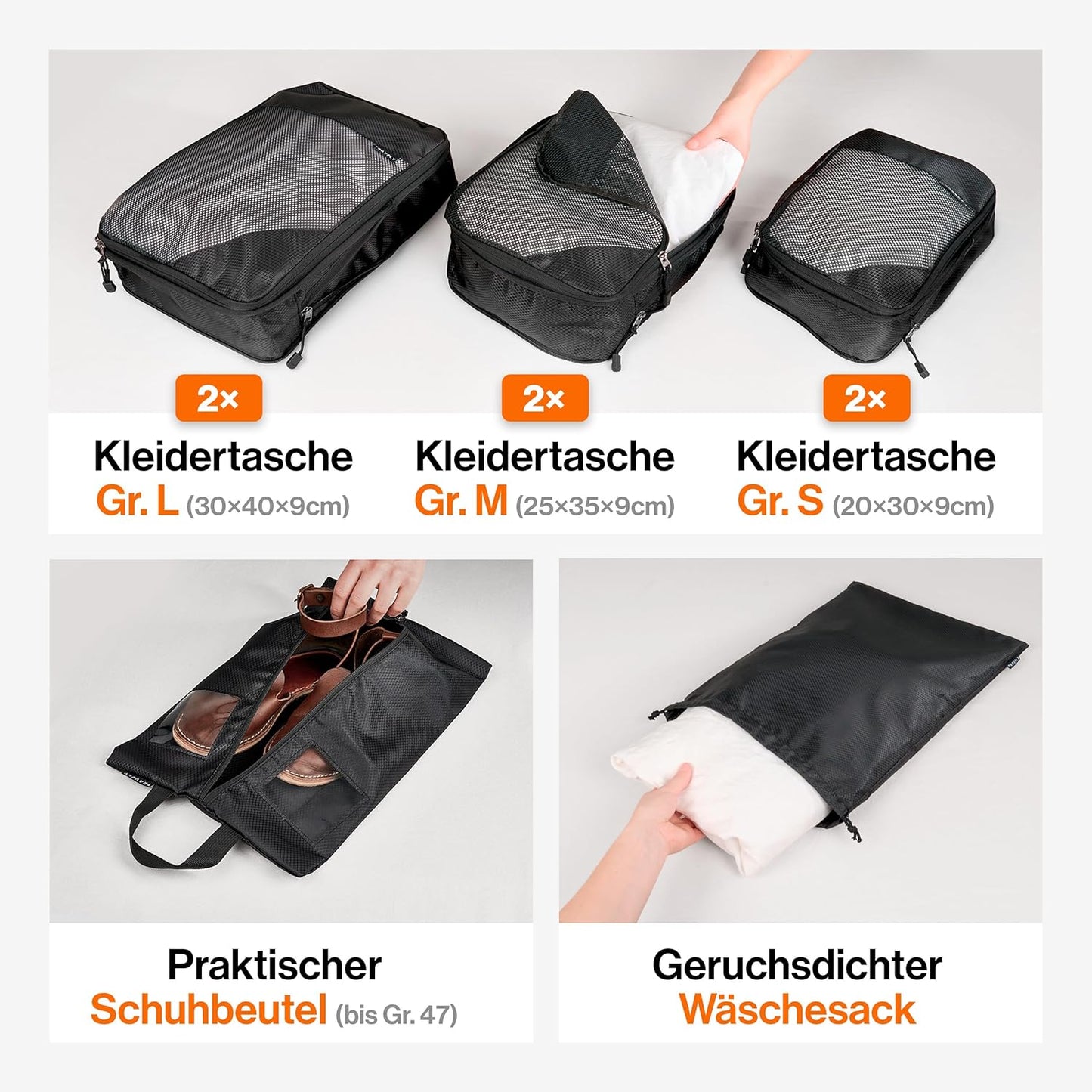 8-teiliges Packwürfel-Kompressions-Set mit Schuhtasche, Schwarz 8 Teile Gr. Set