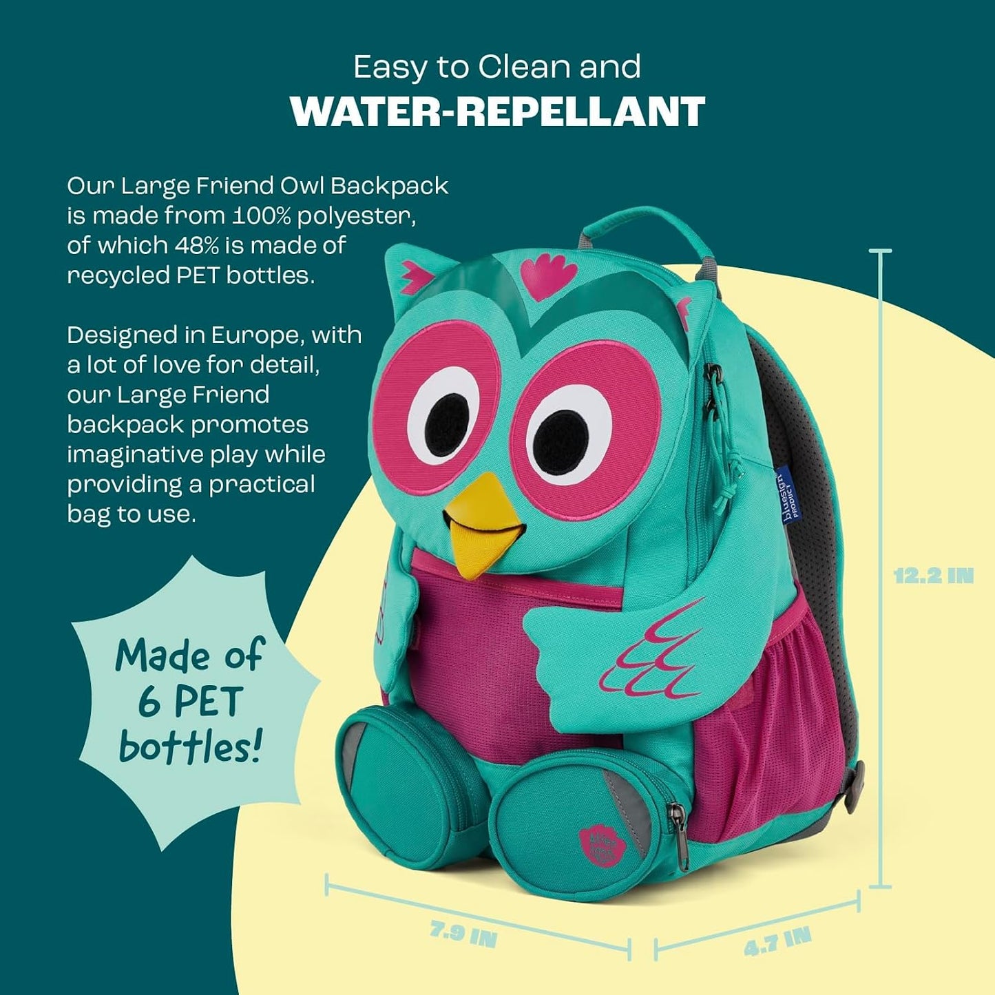 Kindergartenrucksack Grosser Freund, 8 L Eule - Türkis