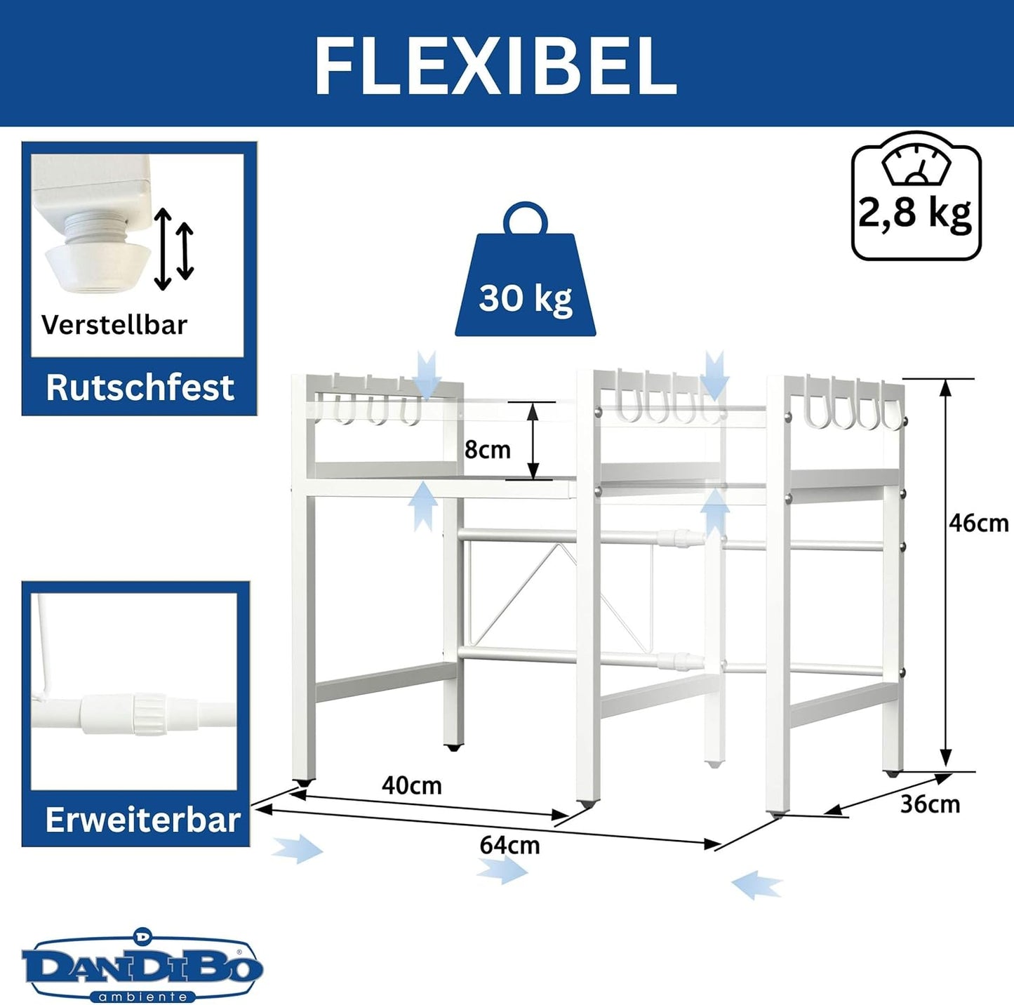 Verstellbares Mikrowellenregal 2-stufig, Weiss 2 Stufig / Höhe 46 cm
