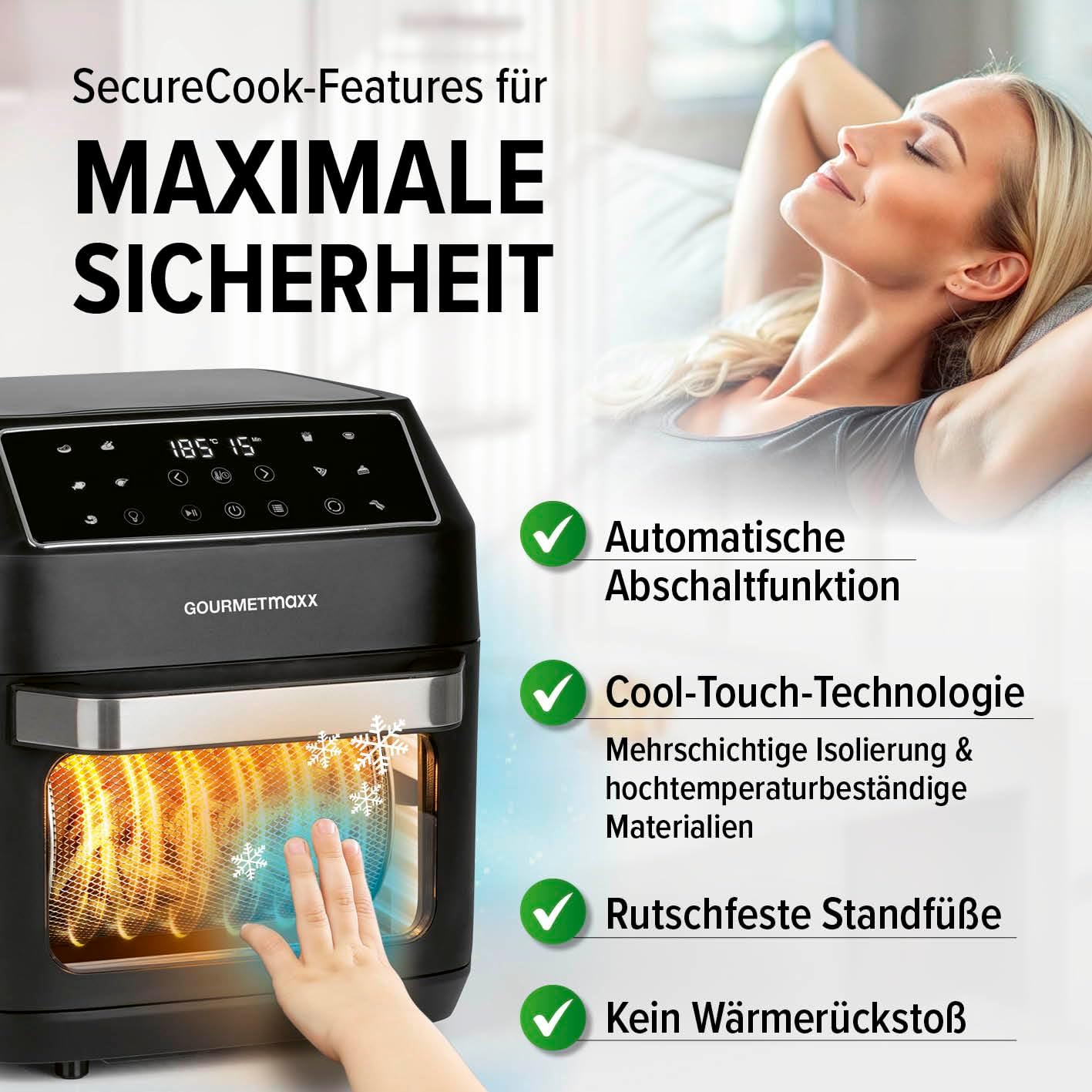 Heissluftfritteuse mit 10 Funktionen und Zubehörset, Mattschwarz 12 Liter