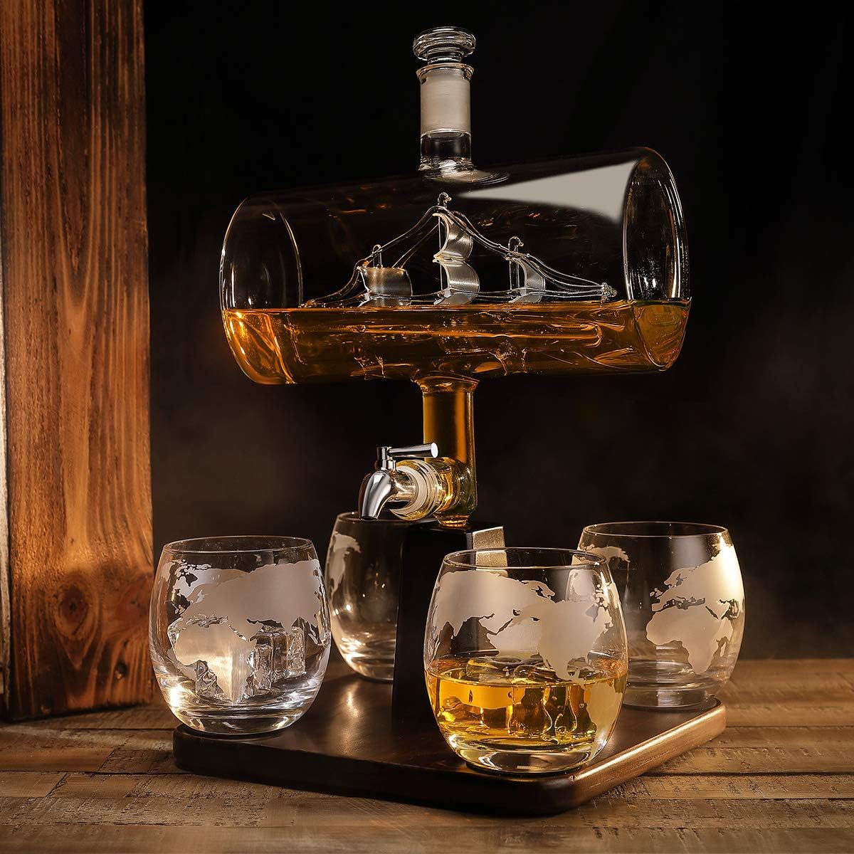 Whisky-Dekanter-Set mit Gläsern, Barrel Dekanter + 4 Gläser