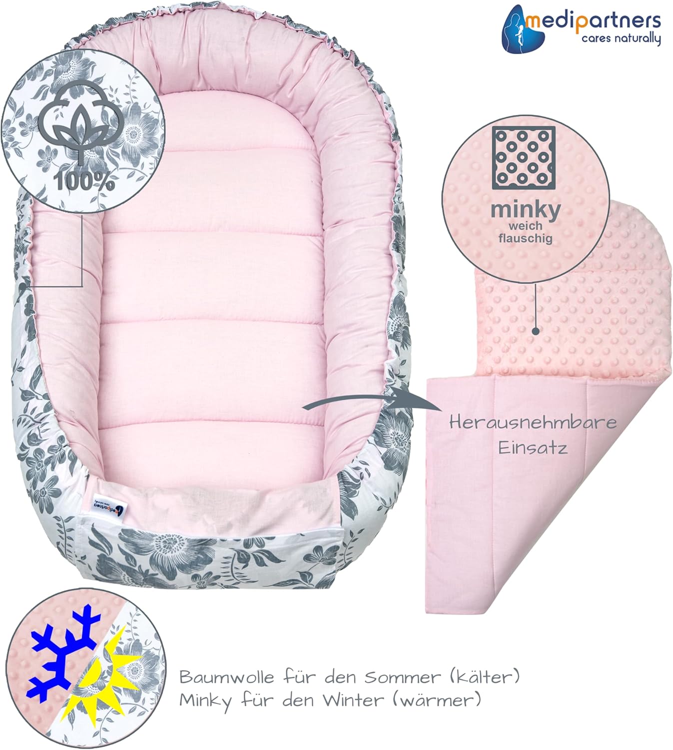 5-teiliges Babynest Set Berry, Berry mit Rosa Minky