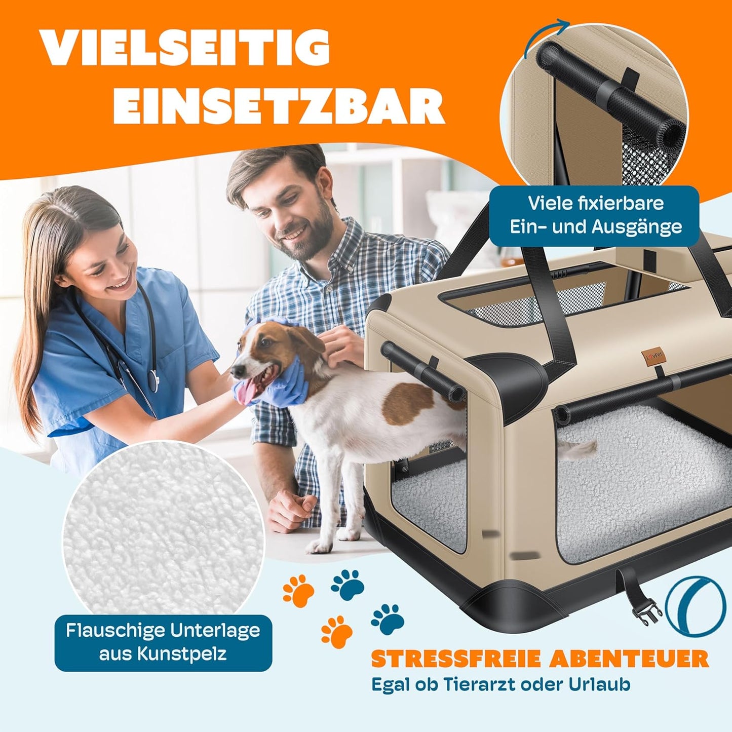 Faltbare Tiertransporttasche mit Napf & Gurt, XXL / Beige
