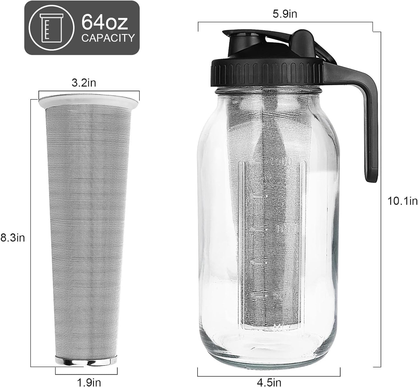 Cold Brew Kaffeebereiter mit Edelstahlfilter, 64oz Schwarz