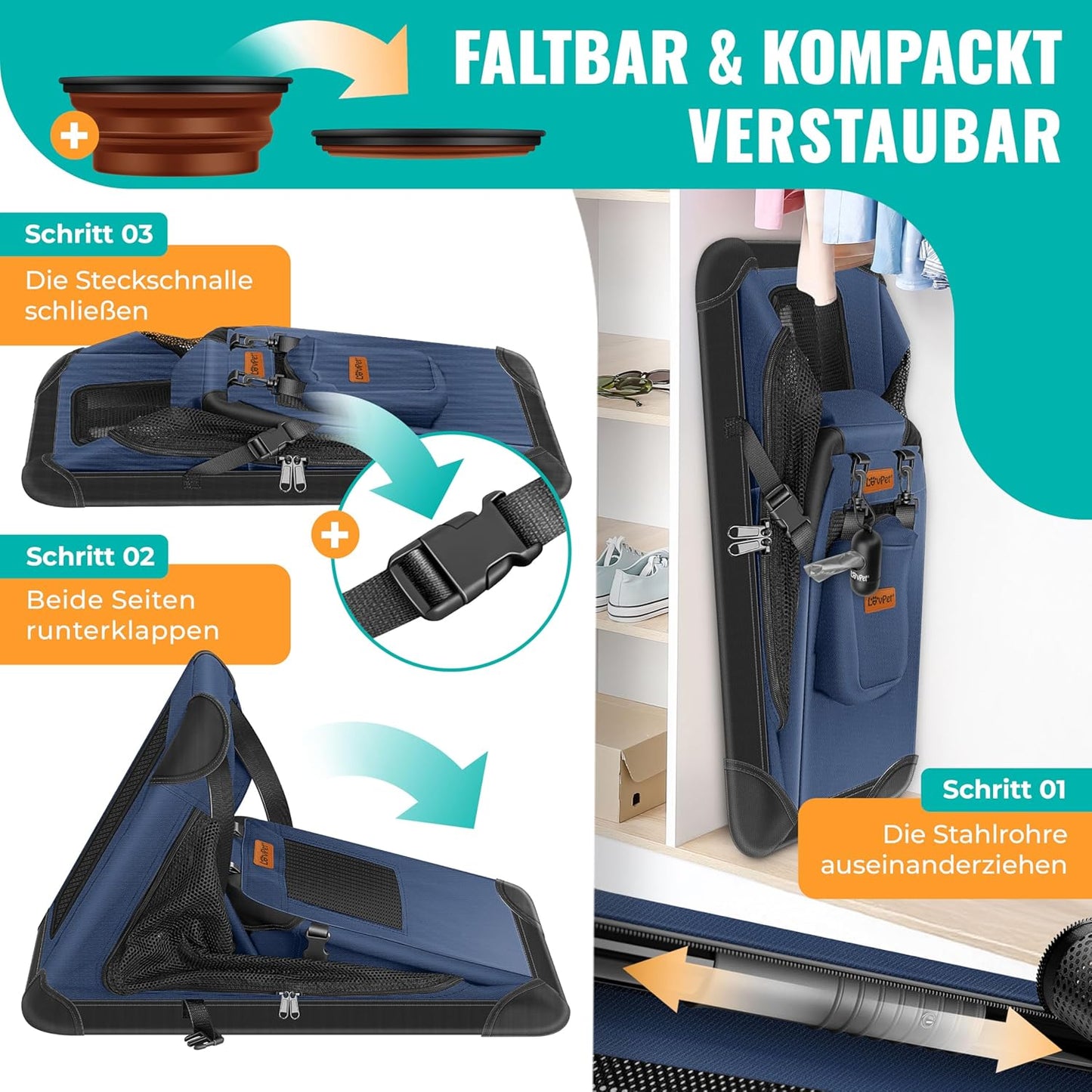 Transportbox inkl. Napf & Gurt, L 92 x B 64 x H 64 cm Navyblau