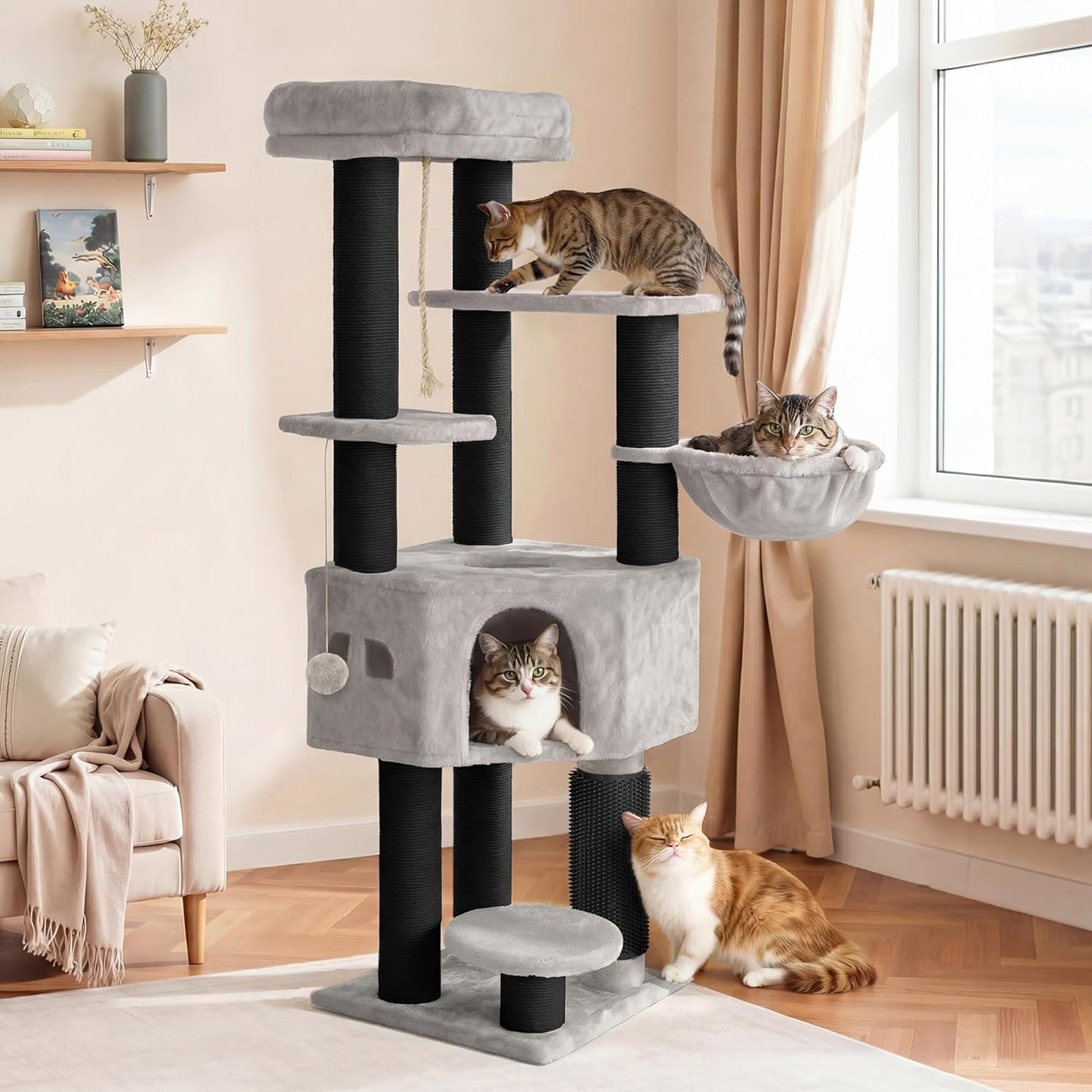 Kratzbaum für grosse Katzen mit Plüschkissen und Höhle, Hellgrau 50*50*159CM