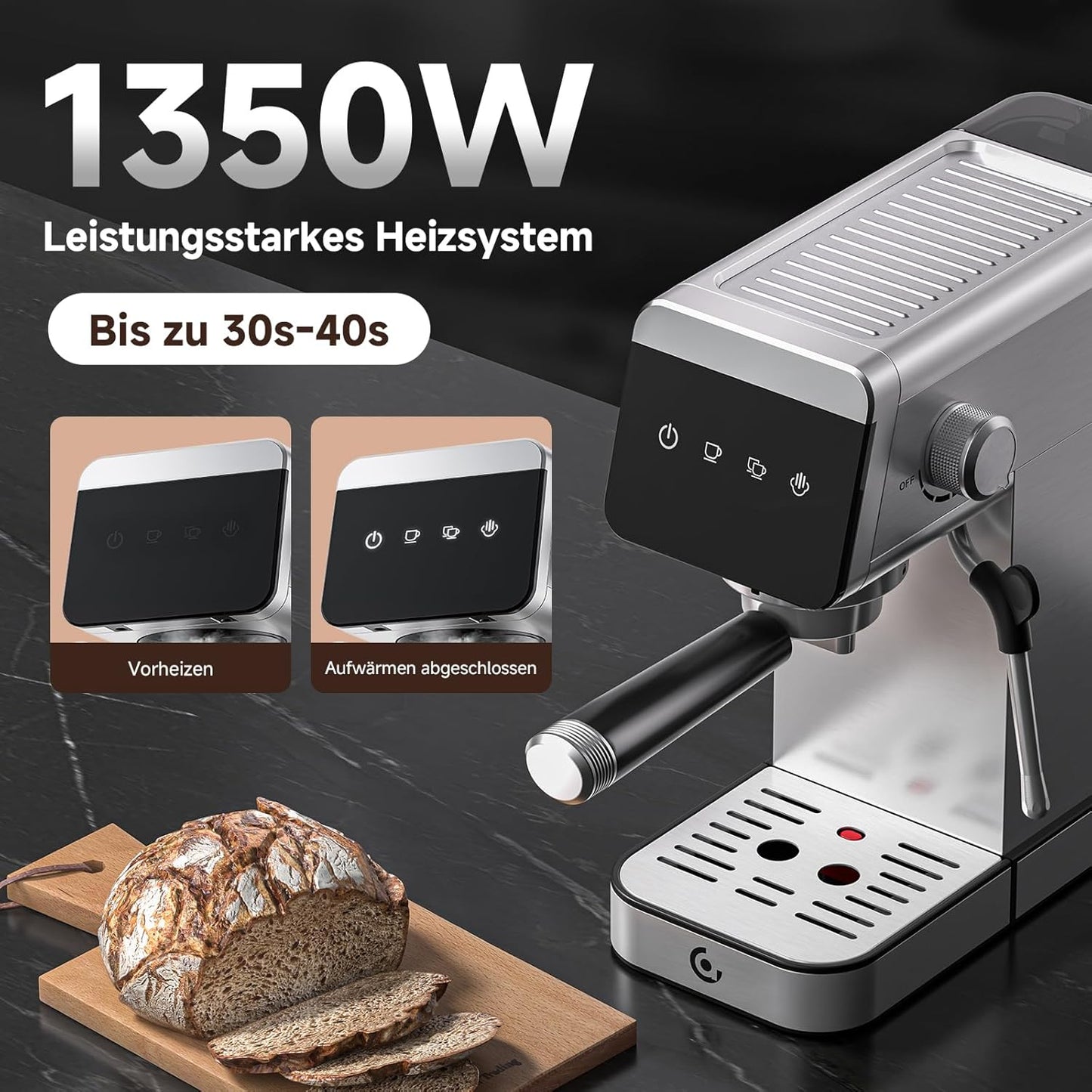 Siebträgermaschine mit LED-Anzeige (2-in-1), Silbrig