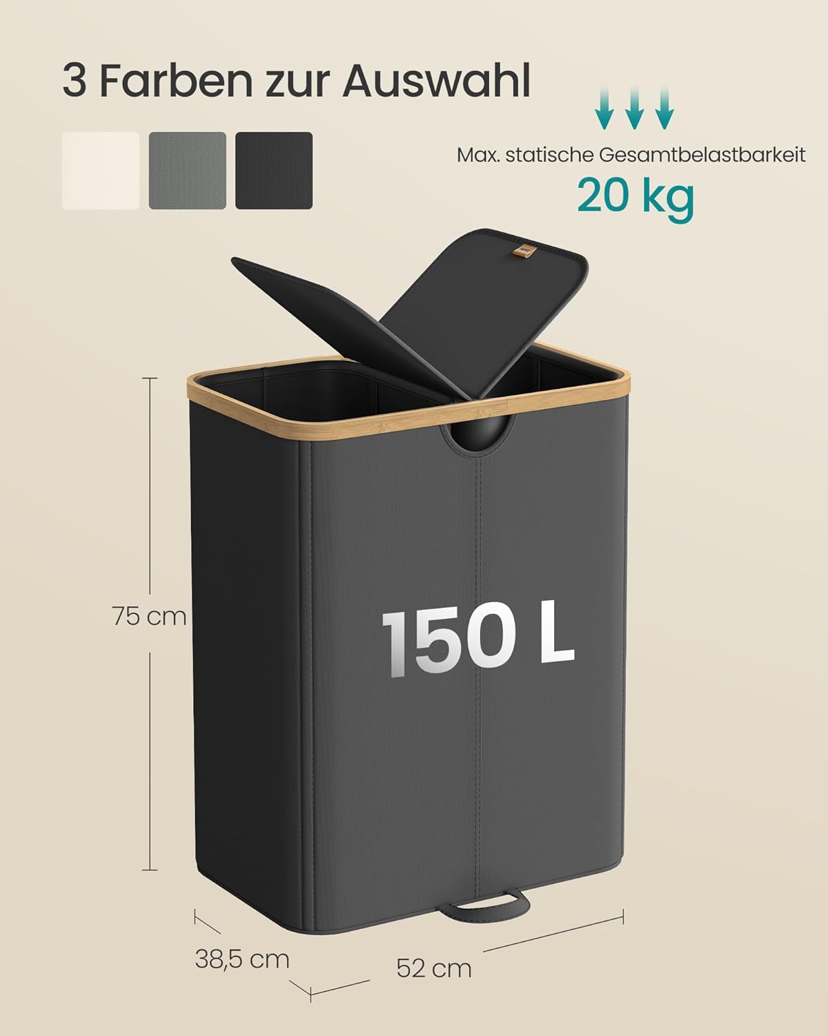 Wäschekorb mit 2 Fächern und Deckel, Tintenschwarz + Naturbeige