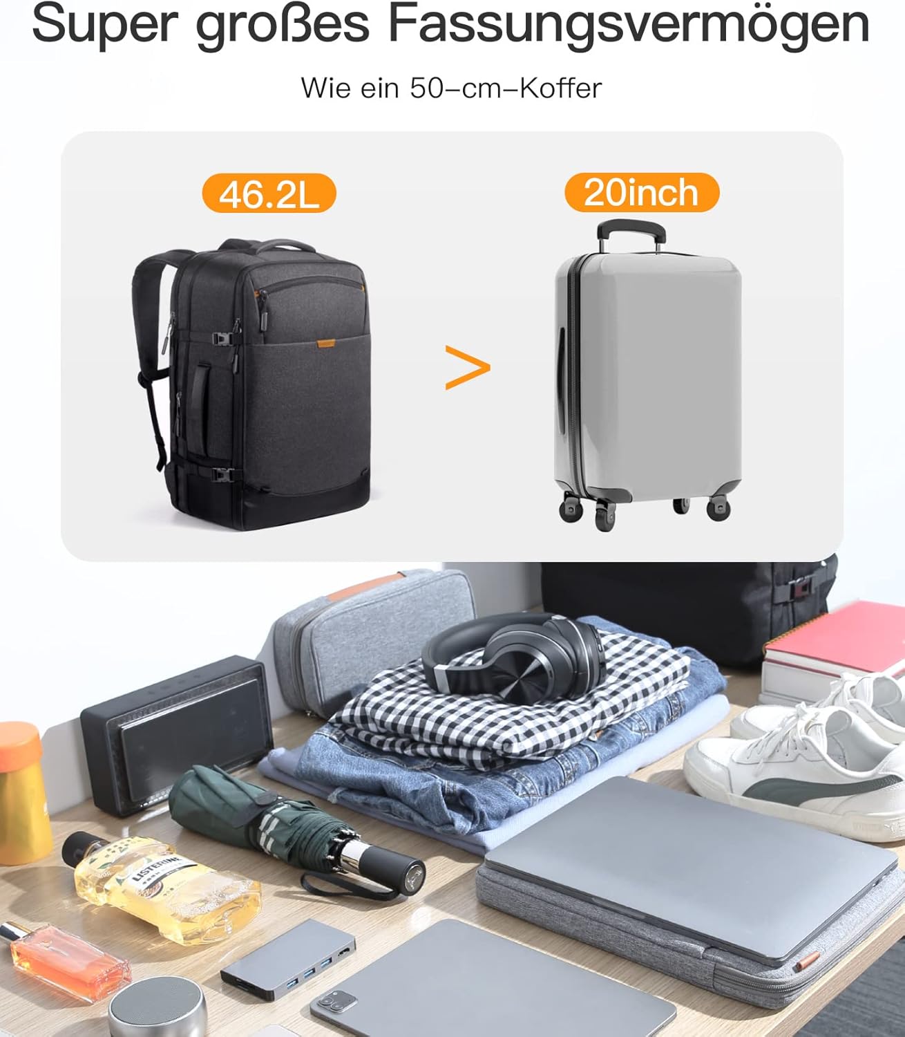 Erweiterbarer Reiserucksack für Handgepäck, Schwarz 46.2 L