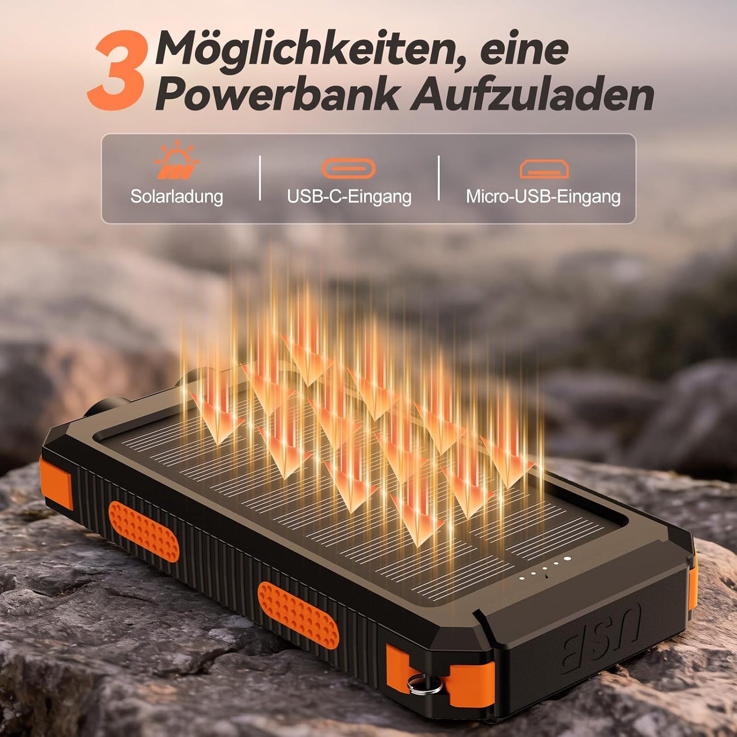 Solar Powerbank, wasserdicht, USB C, 4 Outputs, Dunkelorange