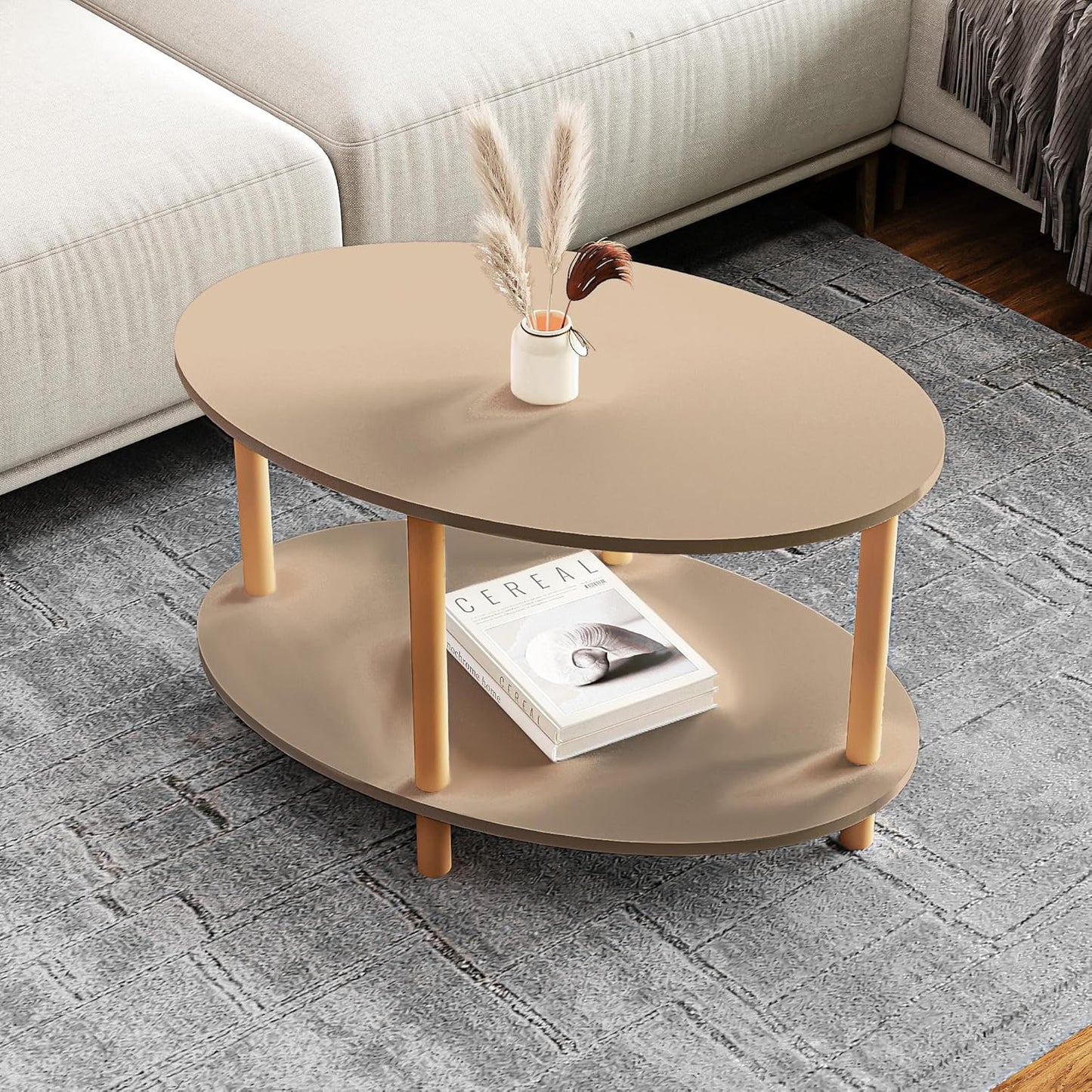 Ovaler Couchtisch Højreby mit Ablage, Cappuccino