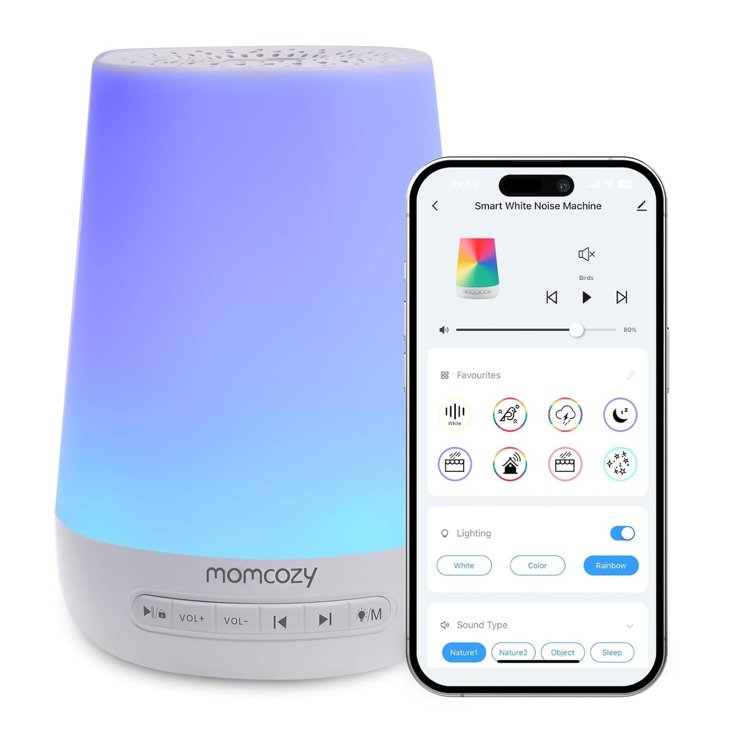 DB03 White Noise Machine mit 34 Klängen & Nachtlicht, Weiß
