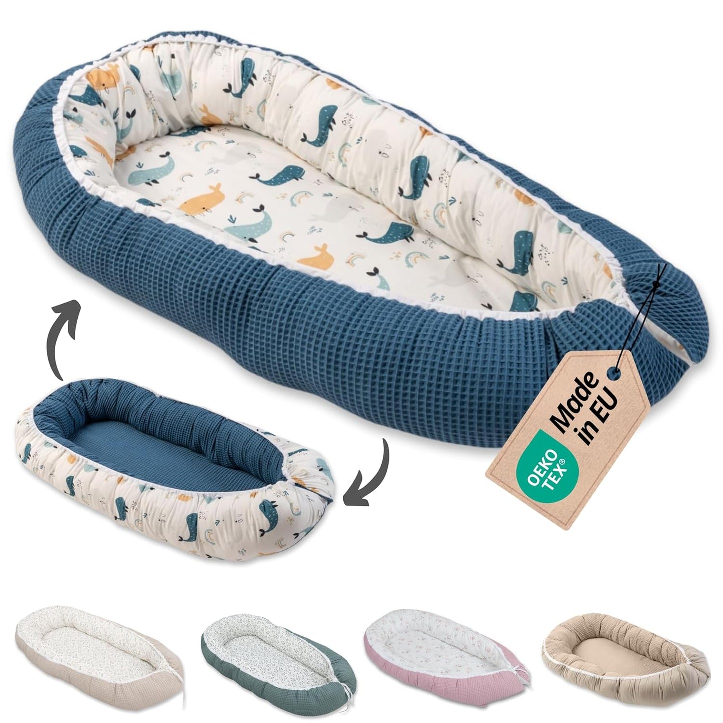 Babynest aus Baumwolle für Neugeborene, Blau-wale Babynest