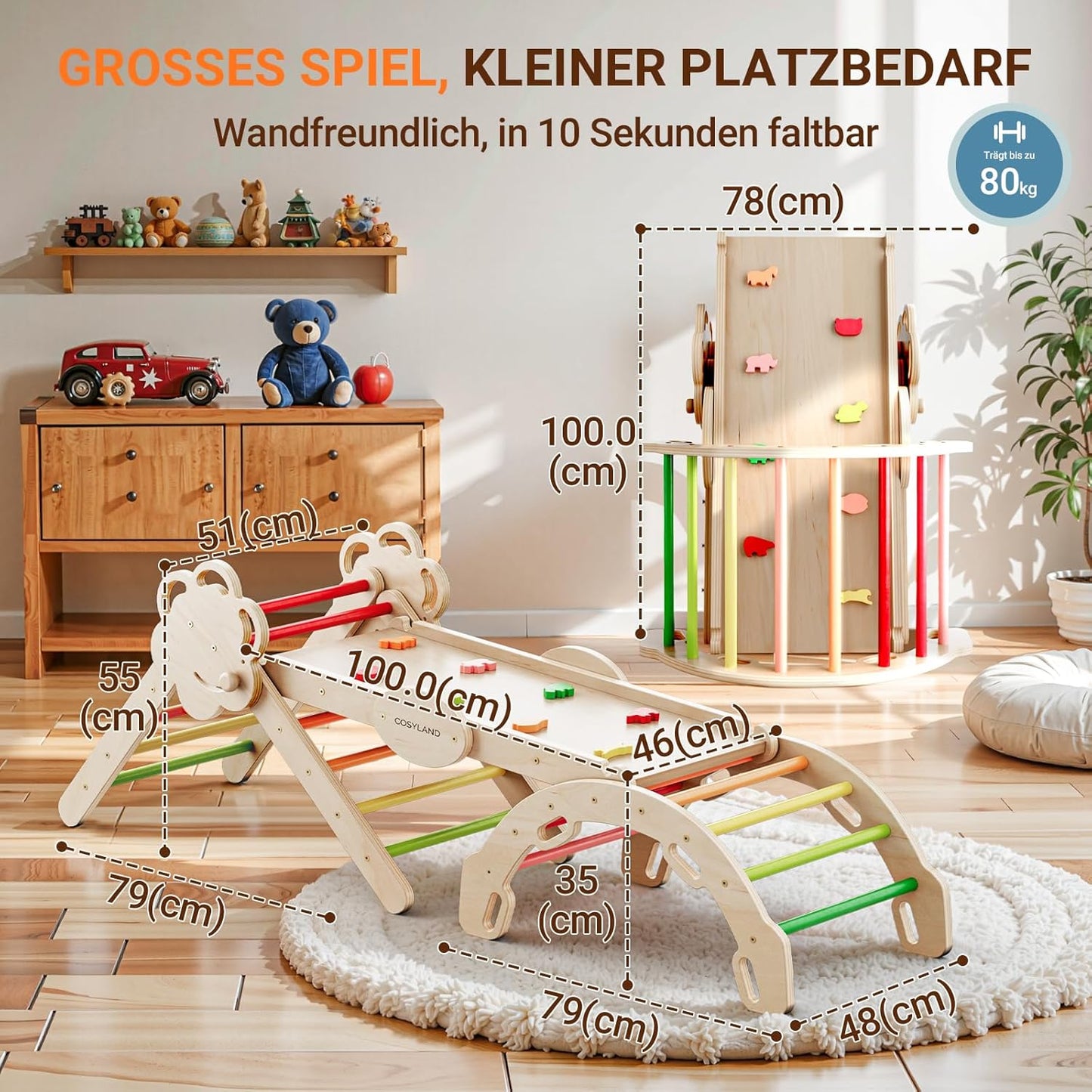 8-in-1 Klettergerüst Indoor mit Rutsche, L Natur/Warmfarben