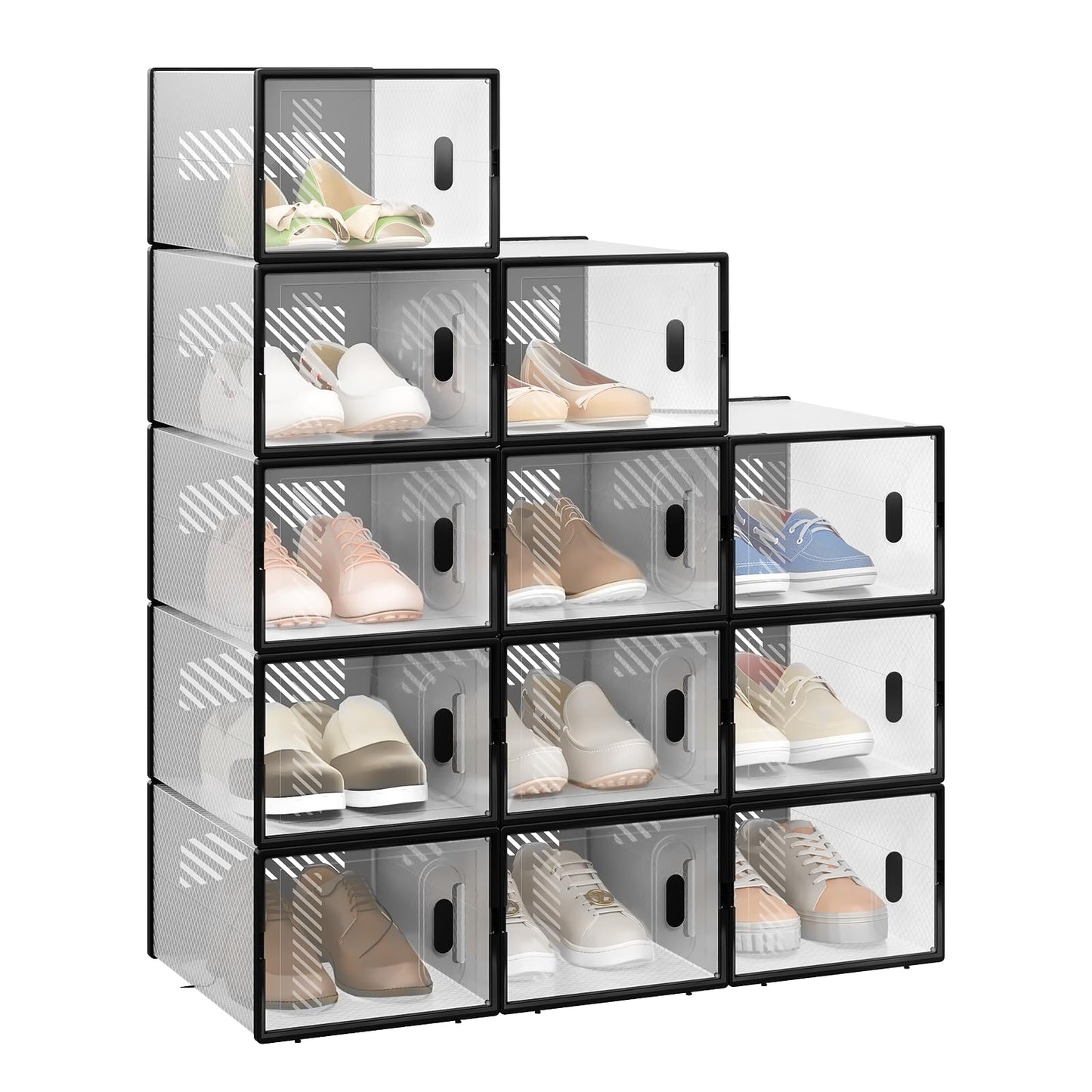 Stapelbare Schuhboxen-Set mit Magnettür (12 Stück), Transparent+schwarz 12er 35x19x25 cm