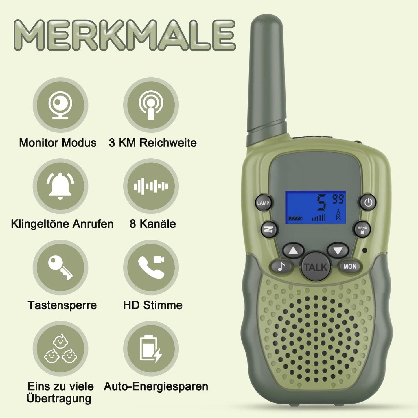 Wiederaufladbare Kinder-Walkie-Talkies 8 Kanäle, Armee Grün