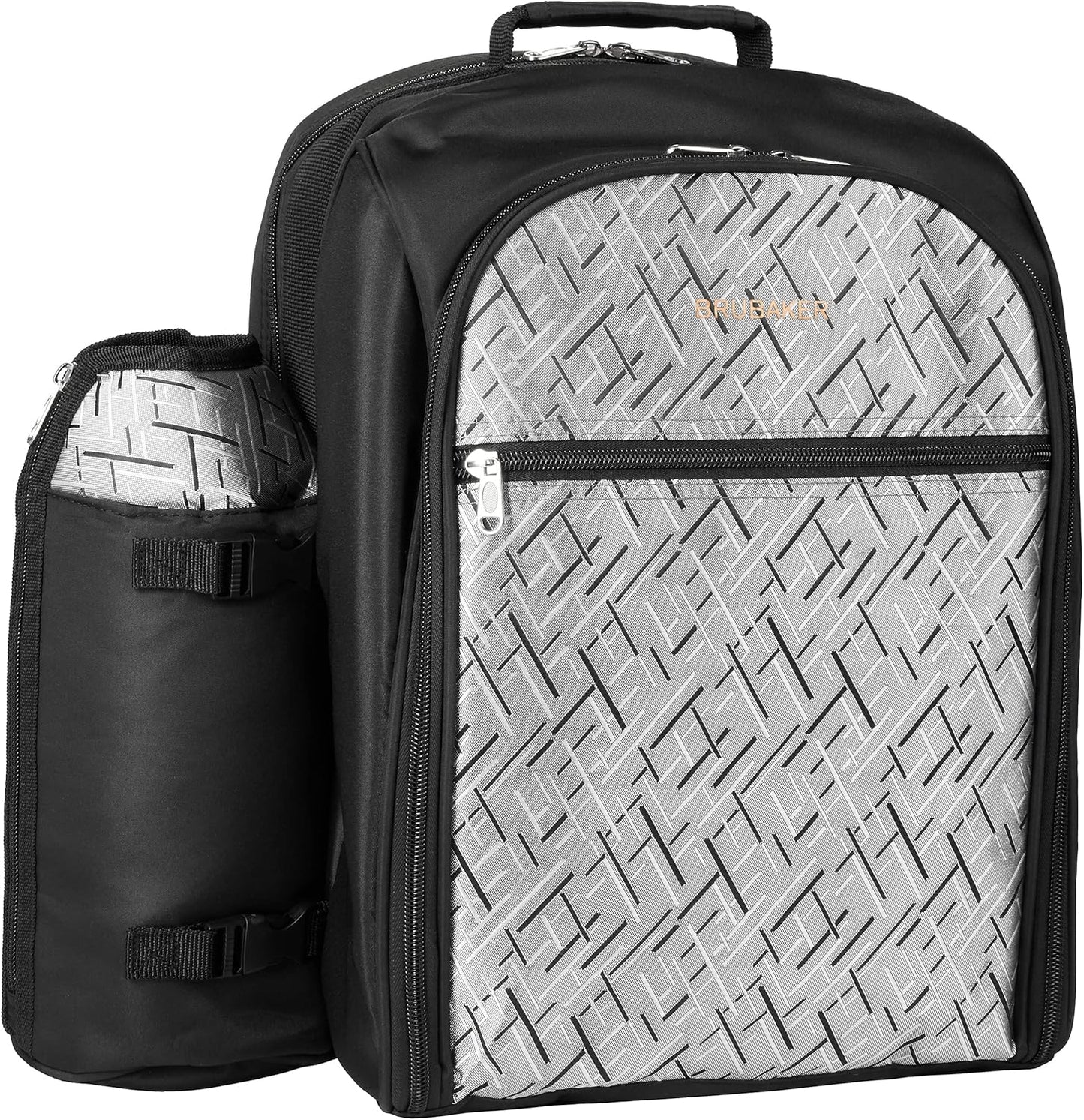 Picknickrucksack für 4 Personen inkl. Kühlfach + Iso-Flaschenhalter, Schwarz Silber - 4 Personen