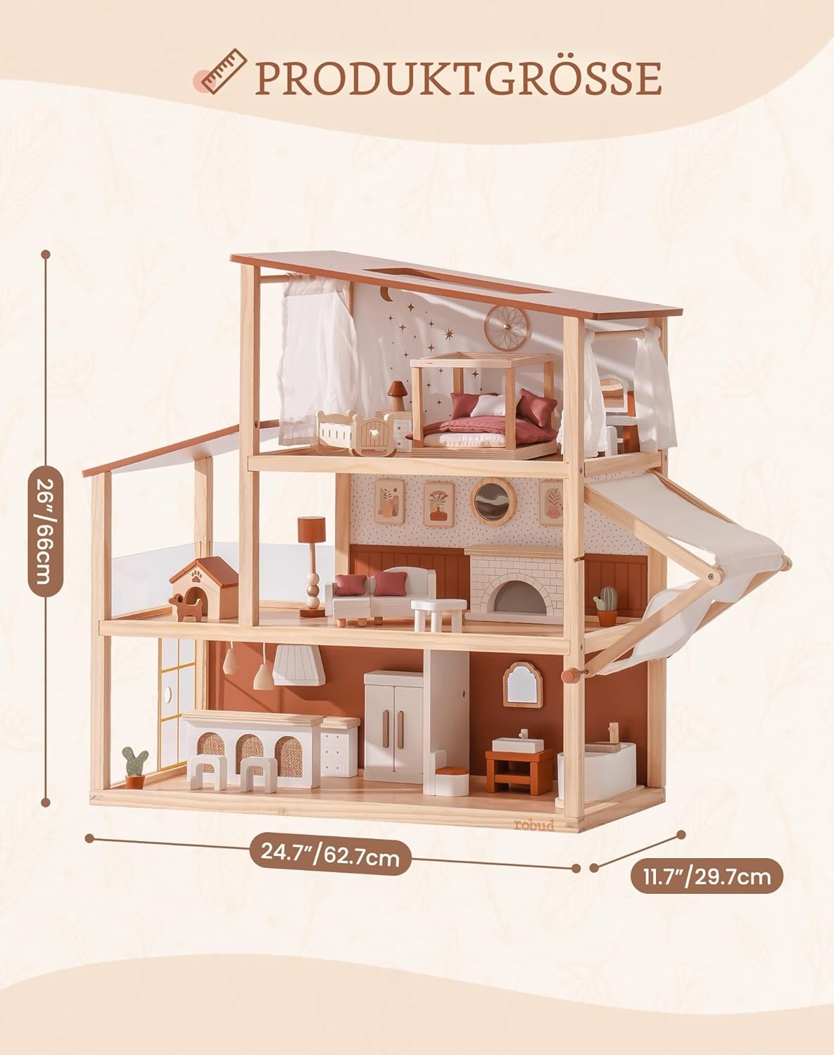 3-stöckiges Puppenhaus mit Zubehör und Möbeln