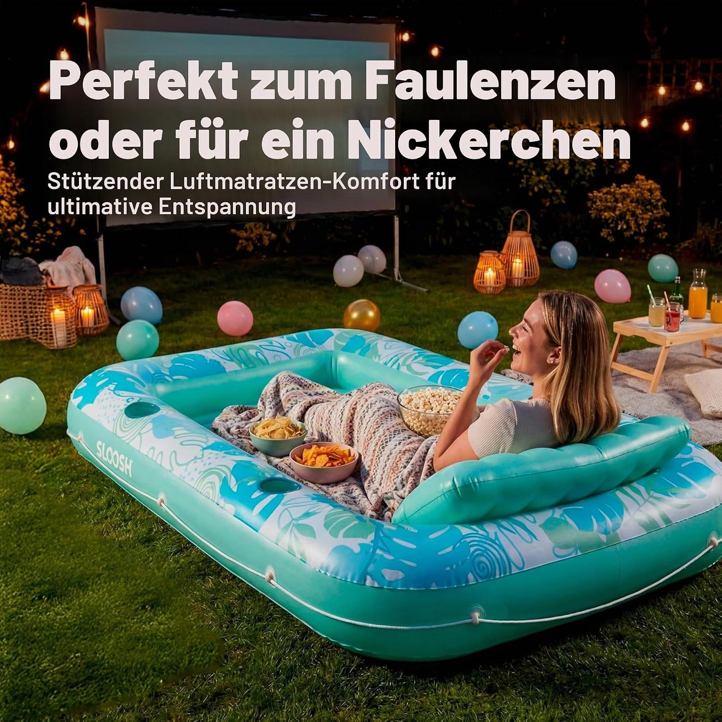 Aufblasbarer 4-in-1 Sonnenliegepool mit Kissen und Getränkehalter, Cyanweiss L