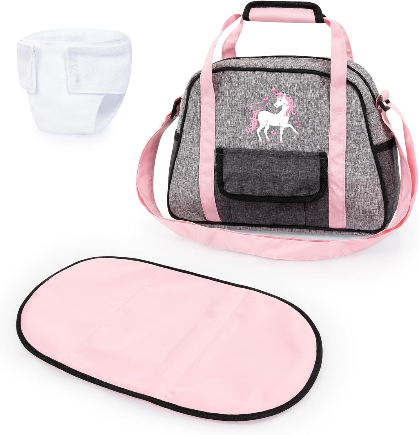 Wickeltasche für Puppen mit Zubehör-Set, Jeans-Grau, rosa, Wickeltasche