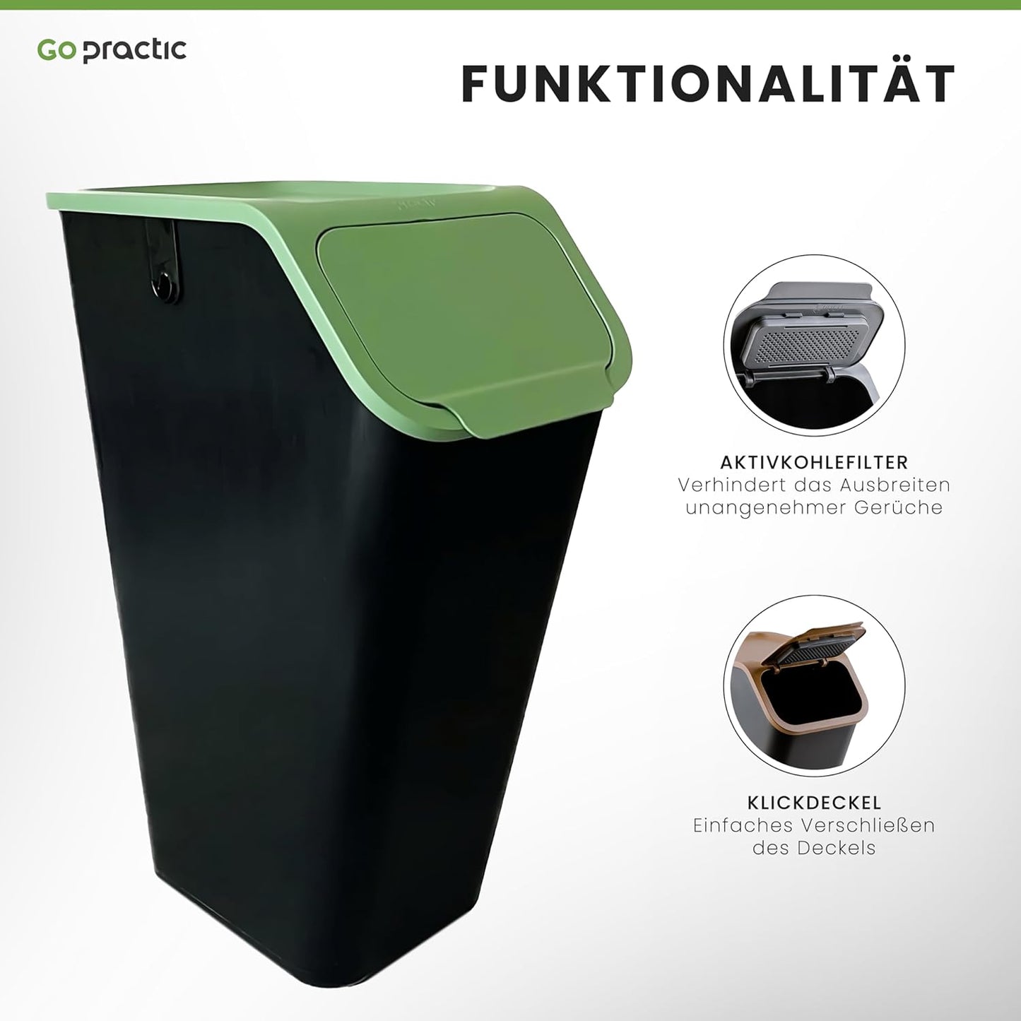 Abfalleimer mit Deckel, Click-Funktion, 35L Grün