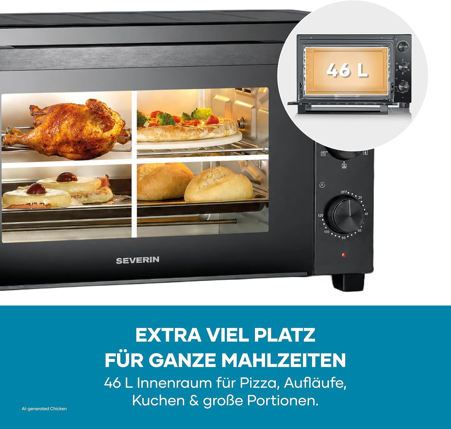 Back- und Toastofen mit Umluftfunktion 46L, Schwarz 46L